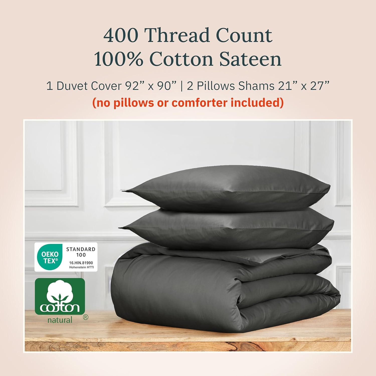 Dark Gray Duvet Cover Full / Queen - 400 Thread Count , 100% Pure Cotton Comforter Cover and Two Pillow Shams, with Button Closure and Corner Ties