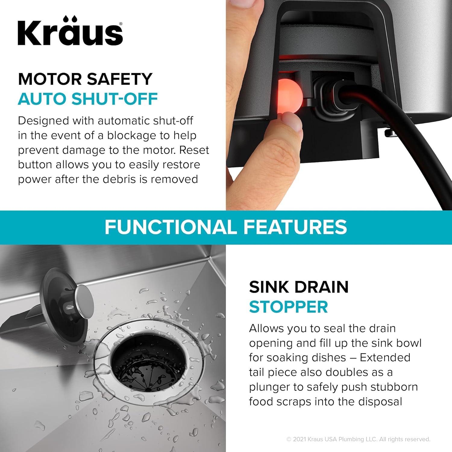 Kraus Waste Guard Continuous Feed Garbage Disposal with 3/4 HP Ultra-Quiet Motor with Power Cord and Flange Included