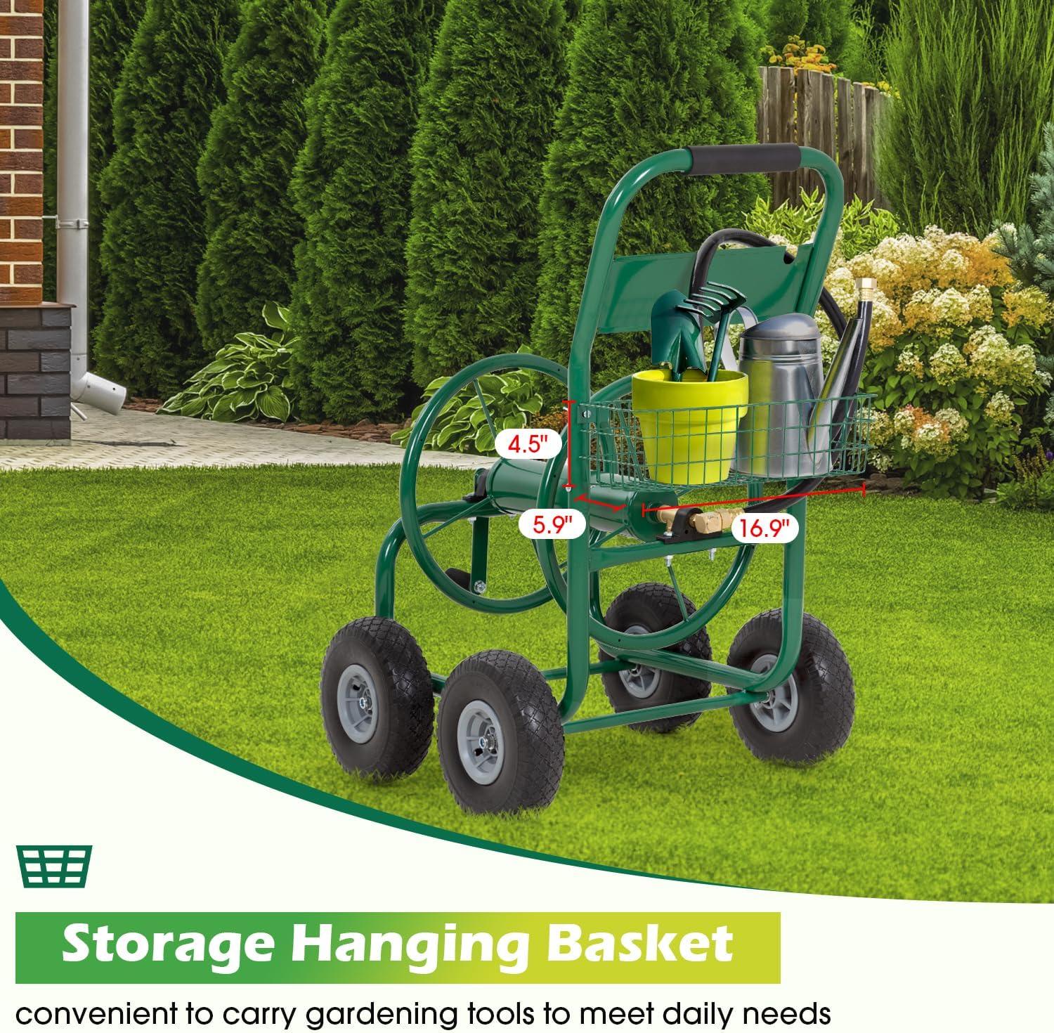 Heavy Duty Green Alloy Steel Garden Hose Reel Cart with Pneumatic Tires