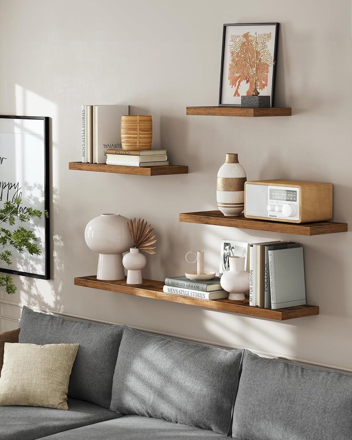 Rustic Brown 3-Tier Wood and Steel Wall Shelves