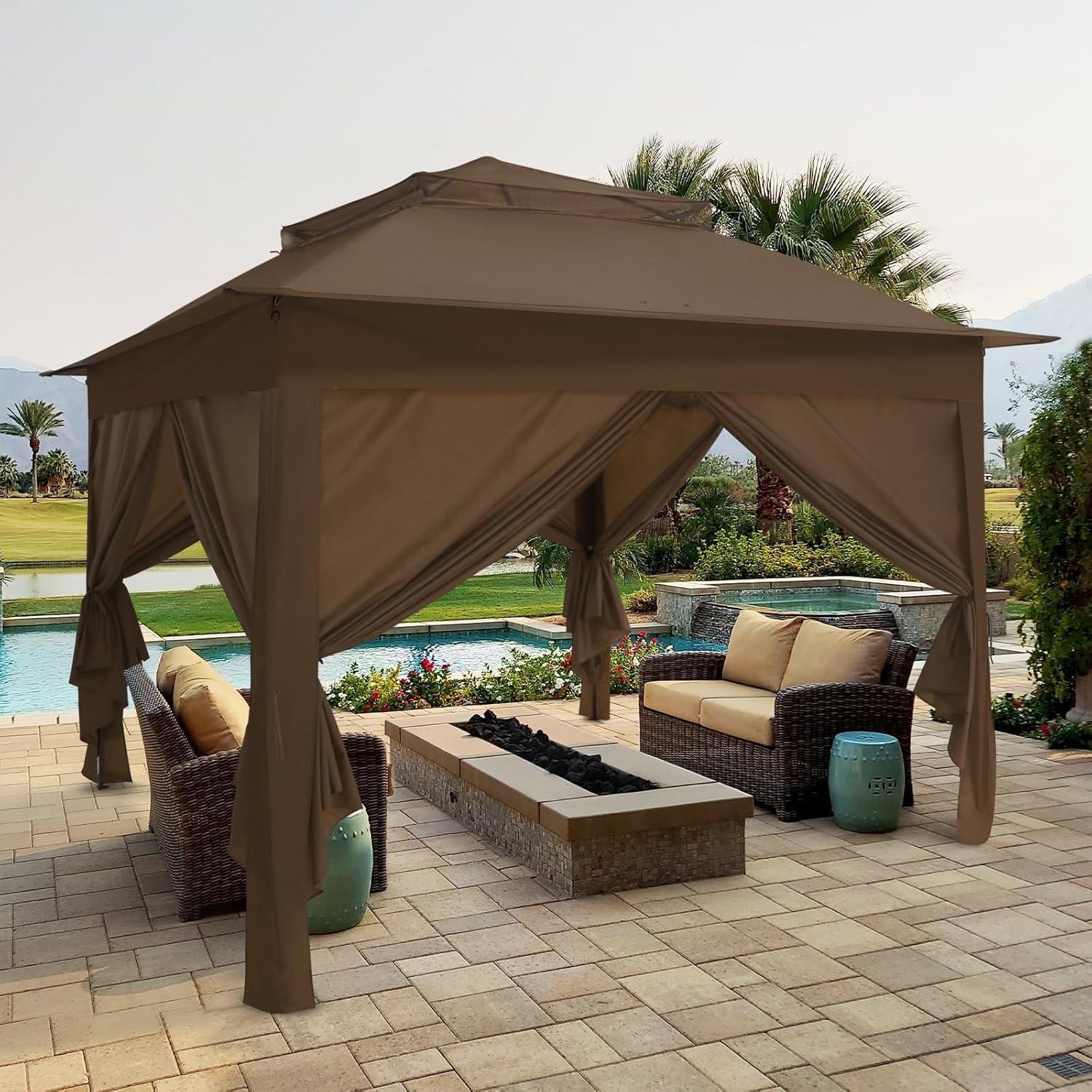 Brown 11x11 Steel Frame Patio Gazebo with Sidewalls