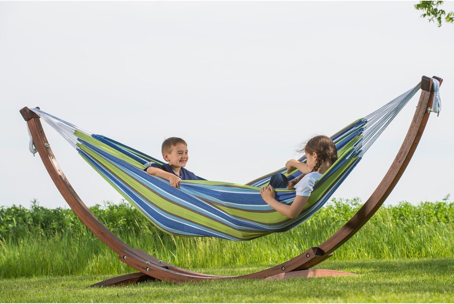 Vivere 8ft Double Cotton Hammock with Solid Pine Arc Stand - Tropical Color