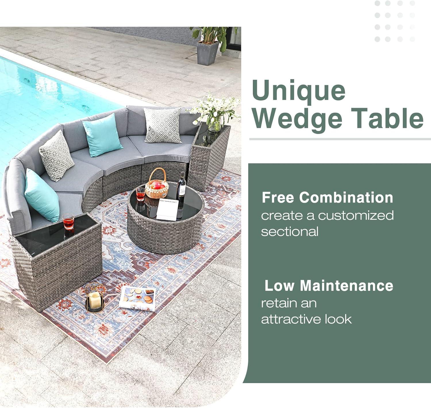 Grey Wicker 7-Piece Half-Moon Outdoor Sofa Set with Coffee Table