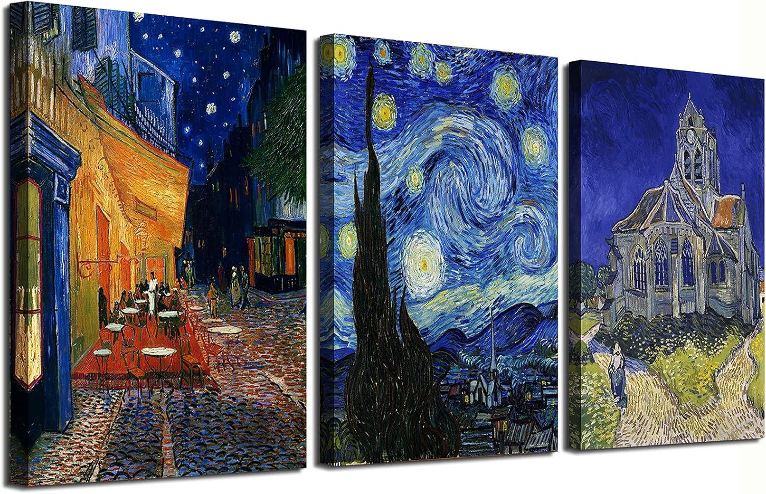 Cafe Terrace At Night by Vincent Van Gogh Wall Art Canvas Prints, Starry Night Over The Rhone Classic Painting Artwork Poster for Bedroom Bathroom Decor - 12" x 16" x 3 Pcs