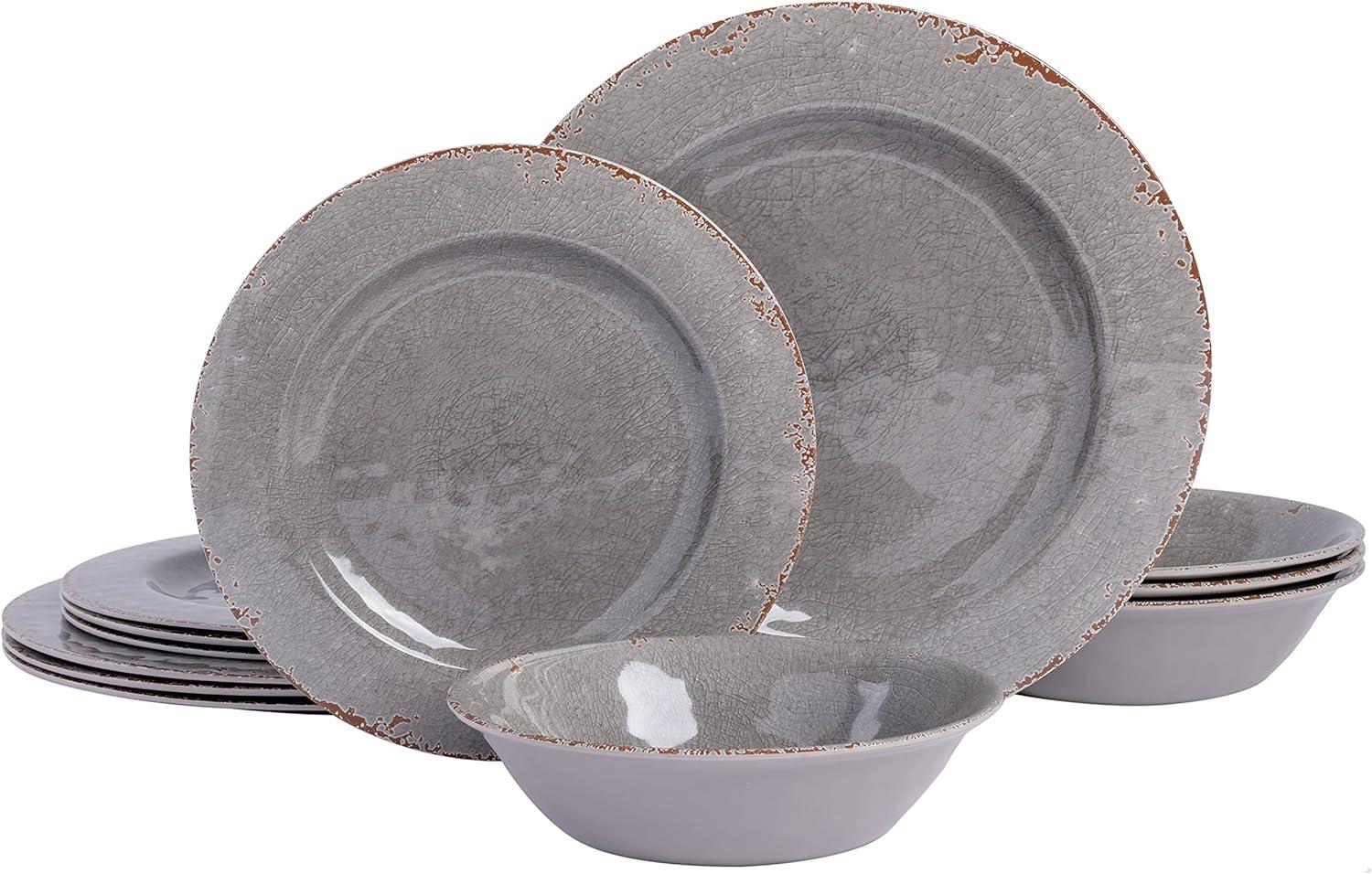 Mauna Gray Crackle Melamine 12-Piece Dinnerware Set, Service for 4