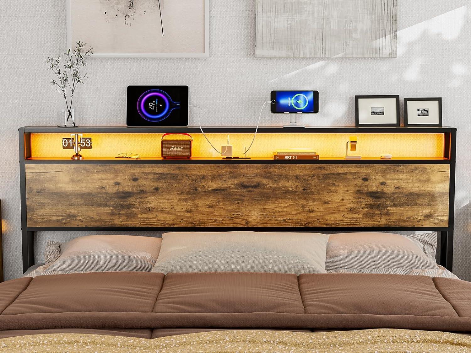 Kaiwei Storage Headboard With Led Lights & Charging Station - Industrial Metal And Wood