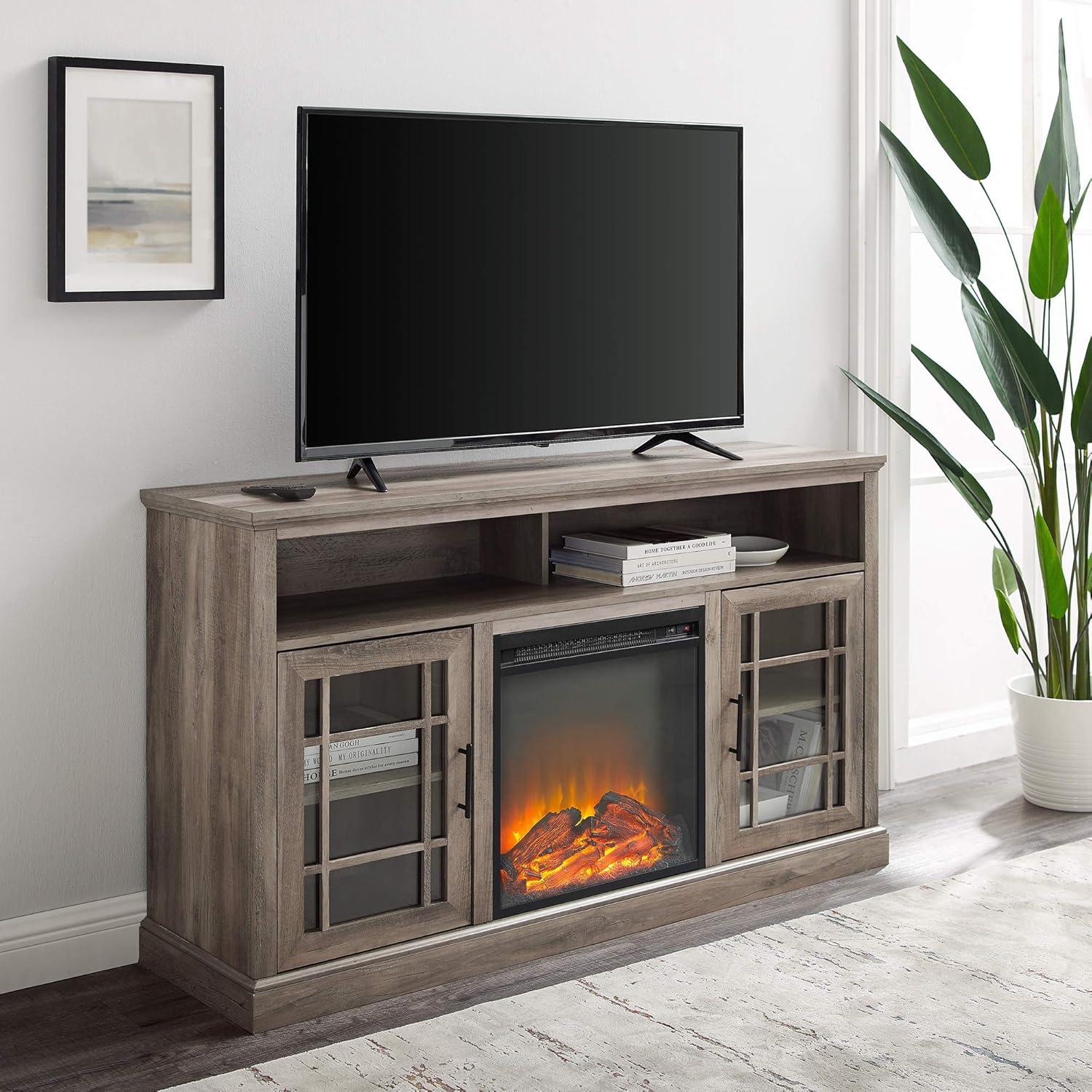 58" Classic MDF & Glass Door Highboy Fireplace TV Stand - Gray Wash