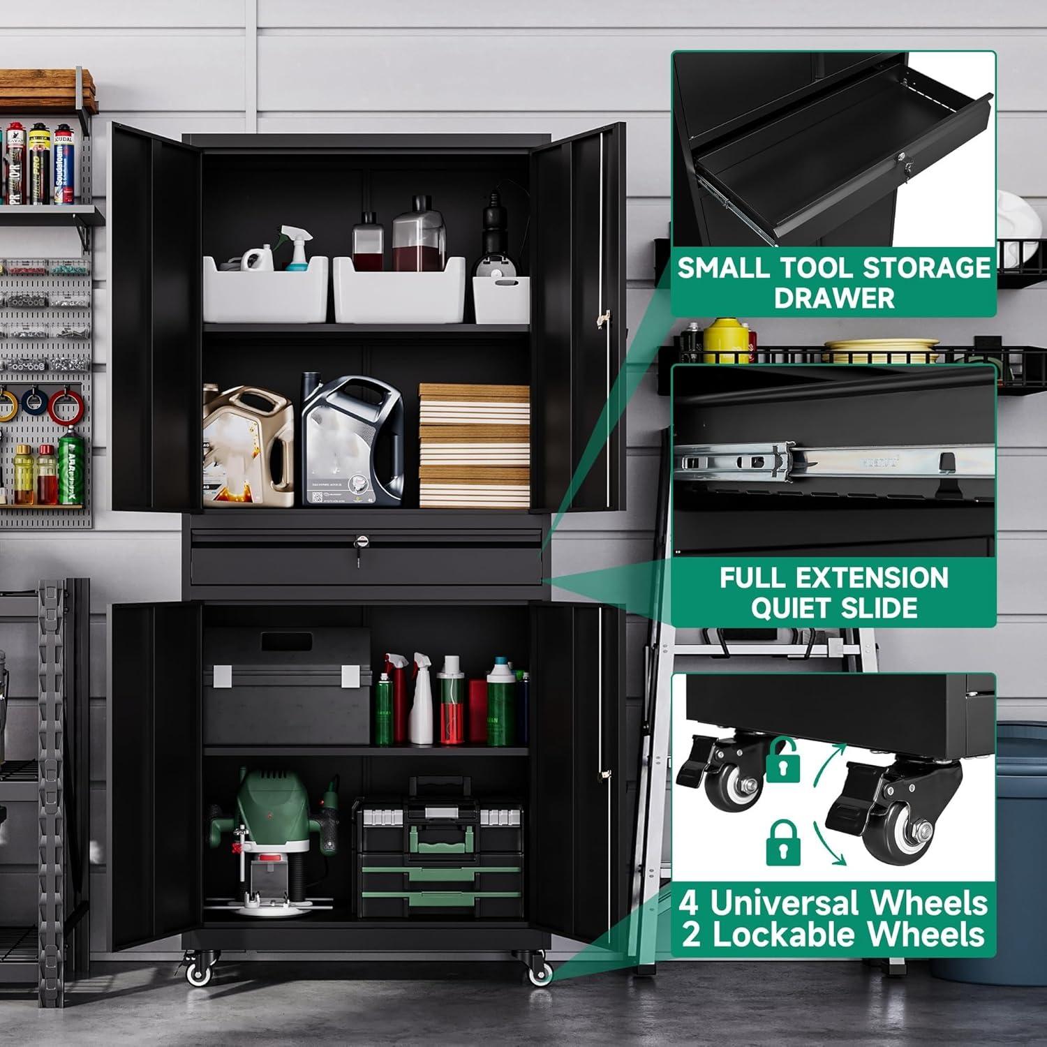 17 Stories Wheeling Garage Storage Cabinet, Rolling Tool Cabinet with 4 Door Lock-Adjustable Shelves and 1 Drawer for Garage Utility Room (Black)