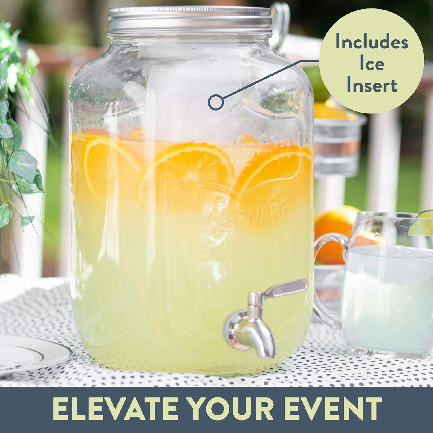 Crutello Outdoor Glass Beverage Dispenser with Stainless Steel Spigot & Ice Cylinder - 2 Gallon Drink Dispenser for Tea, Lemonade, Cold Water & More - A Family-Owned American Brand