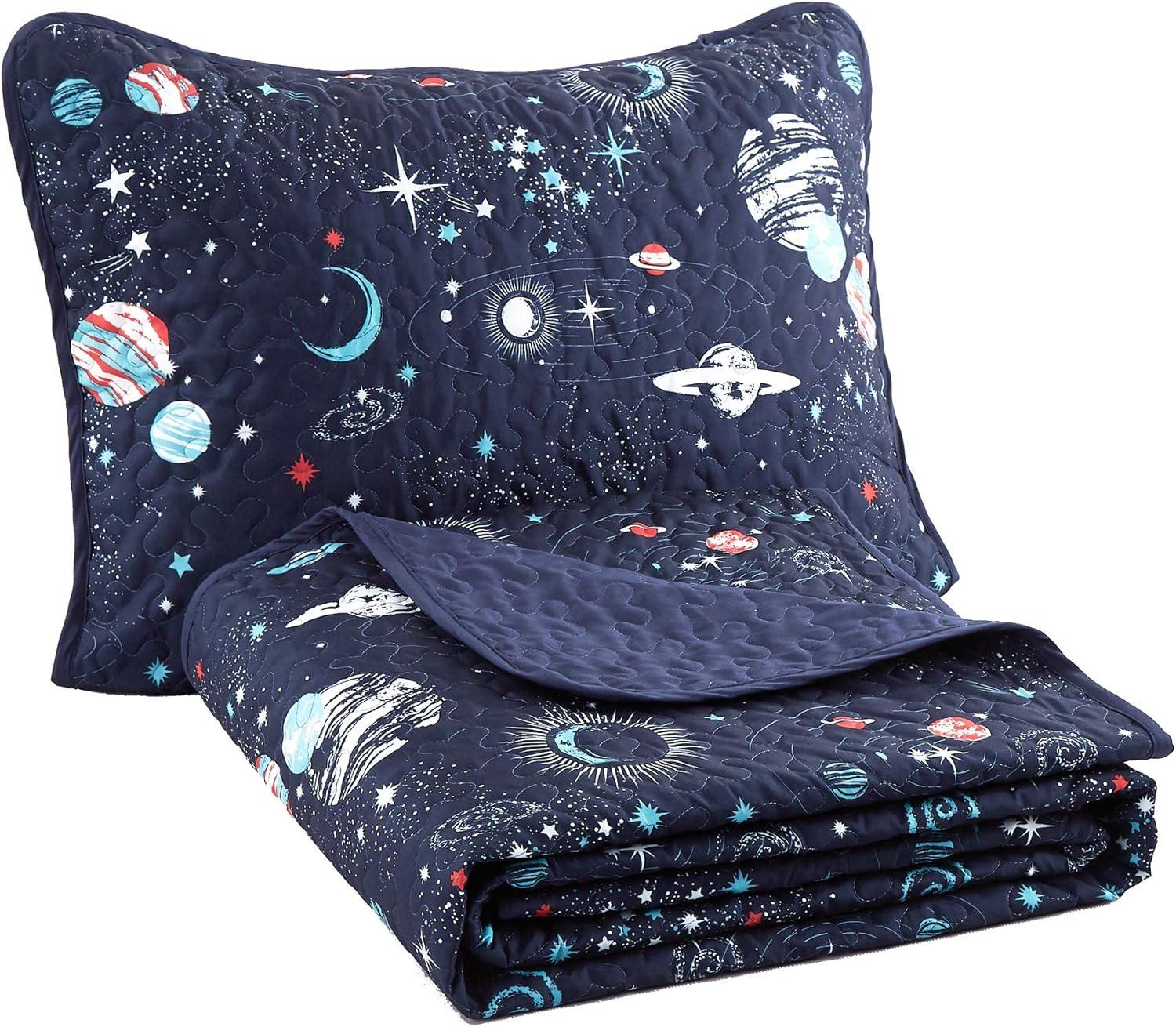 Blue Galaxy Space Theme Full Quilt Set with Pillow Shams