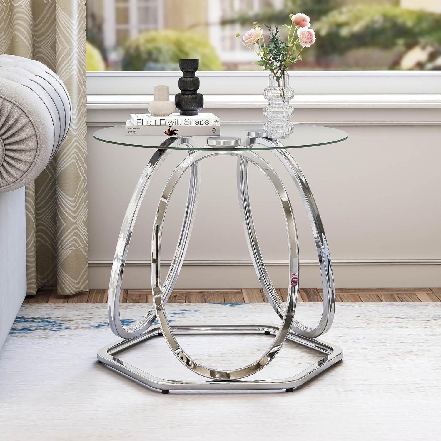 FURNITURE Silver Glass End Table for Living Room, Glass Side Table for Bedroom, Modern Round Glass Nightstand with Metal Frames for Home Office, Chrome Finish, 1 PC