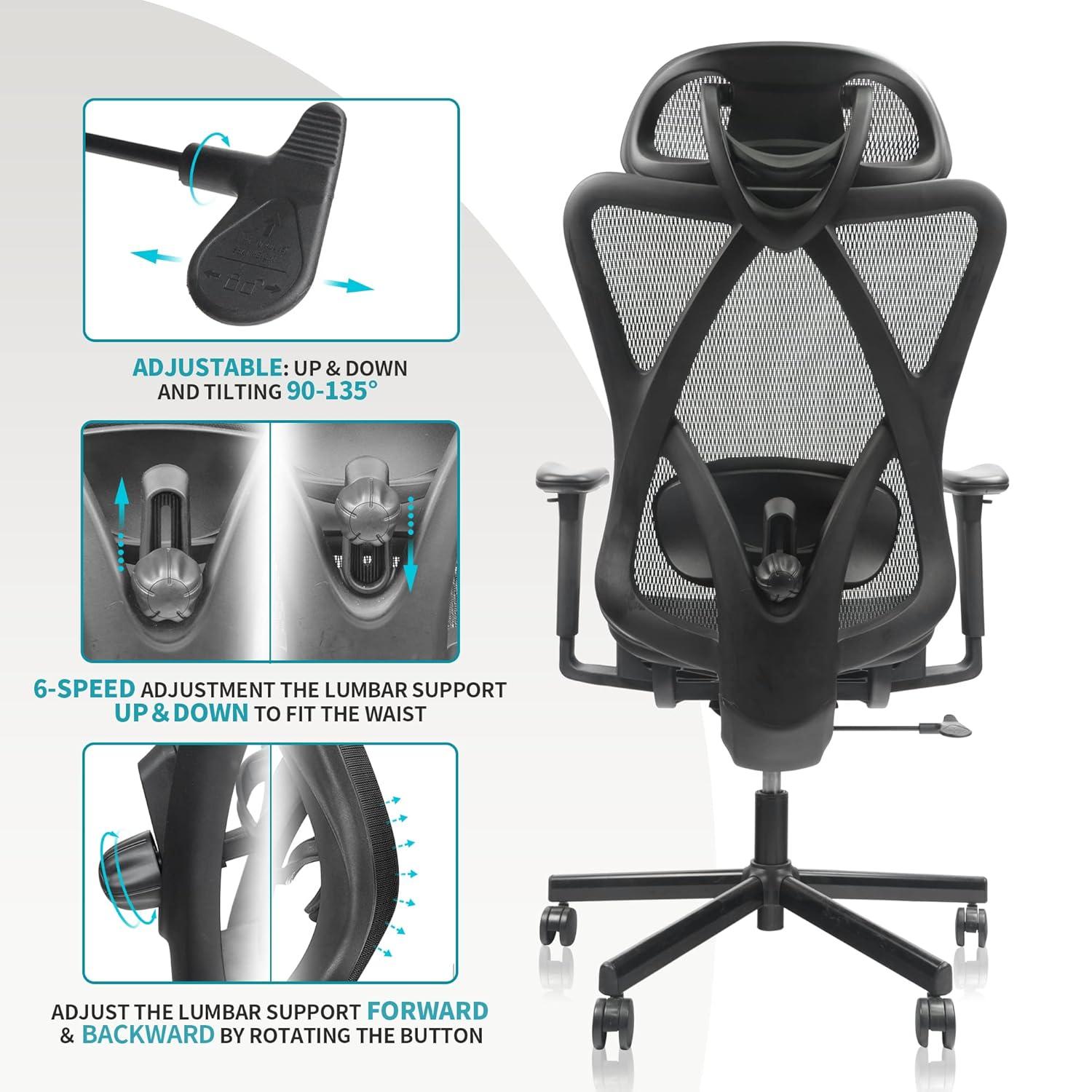 Mesh Office Chair,Ergonomic Office Chairs with Wheels,Adjustable Lumbar Support,Armrest,Headrest-Tilt High Back Desk Chair with Mute Wheel for Office, Home, Gaming