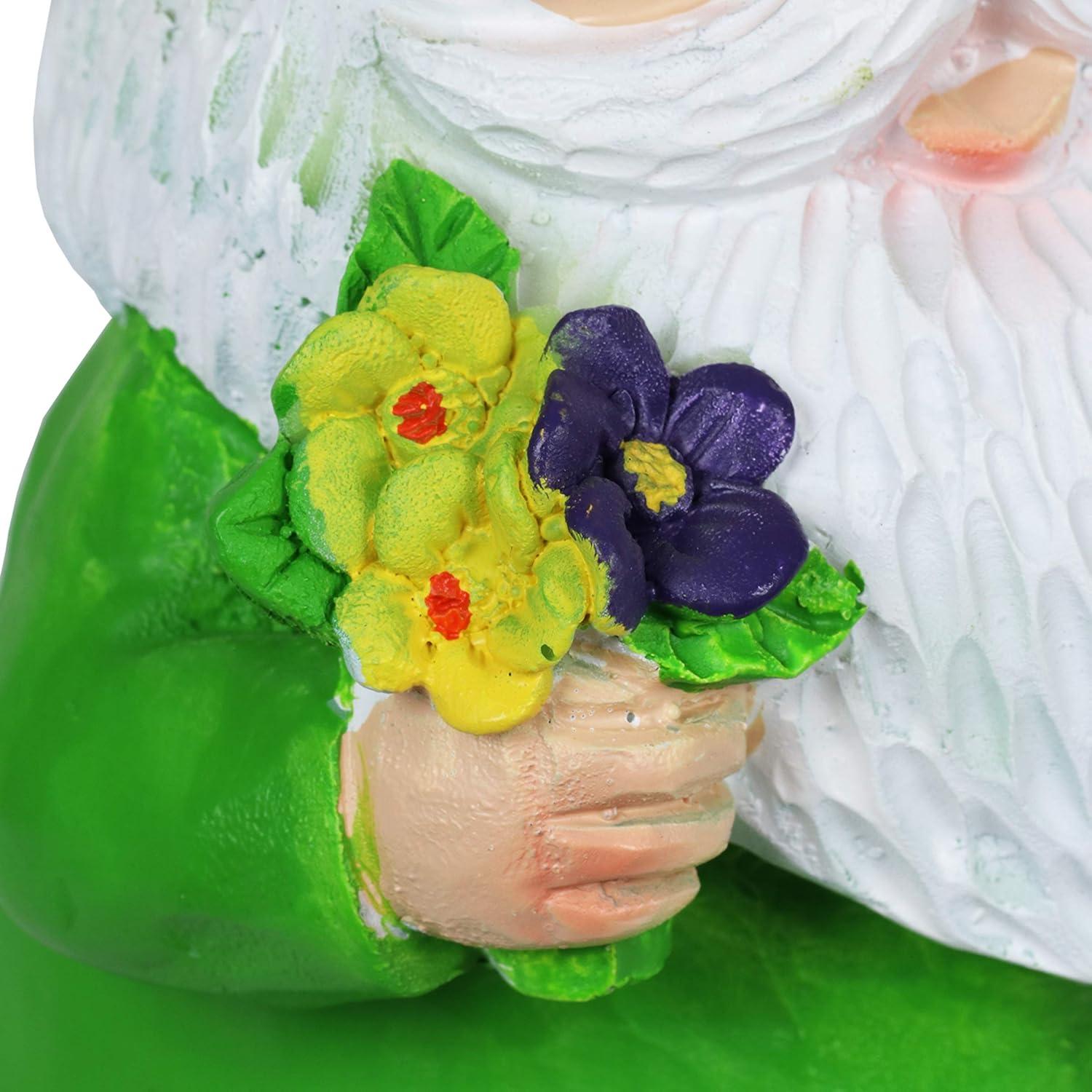 Green LED Solar-Powered Resin Garden Gnome with Flowers