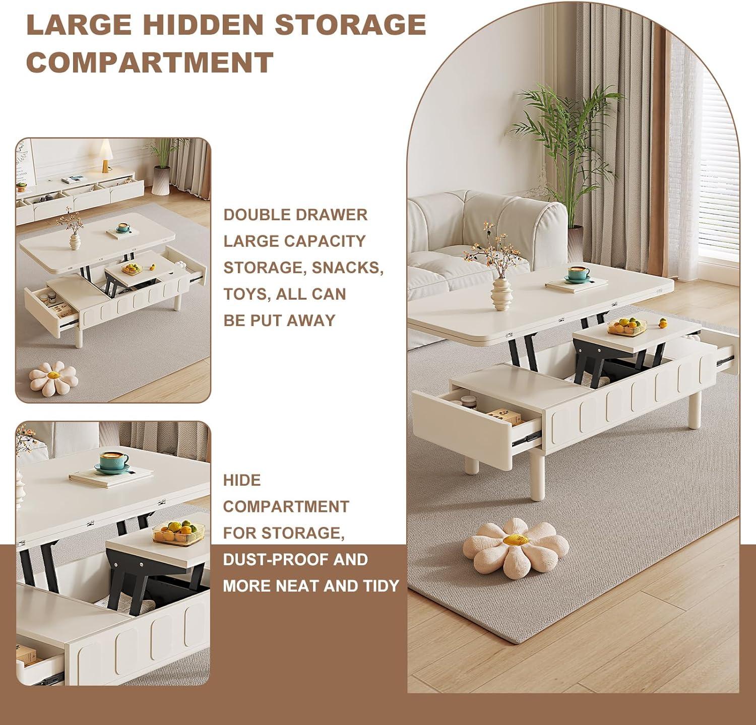 Guyii Extendable Coffee Table, 3-in-1 Lift Top Coffee Table with 2 Storage Drawers and Hidden Compartment for Living Room, Home, White