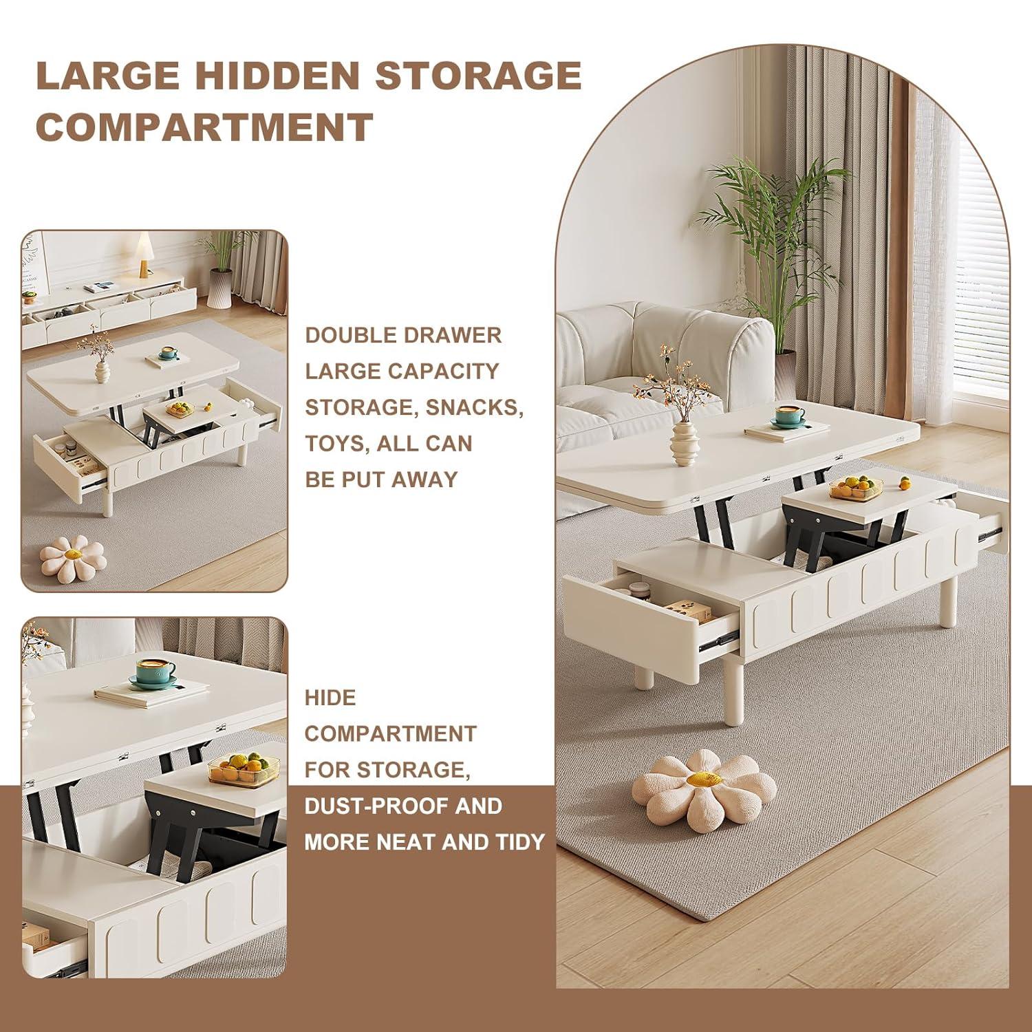 Guyii Extendable Coffee Table, 3-in-1 Lift Top Coffee Table with 2 Storage Drawers and Hidden Compartment for Living Room, Home, White