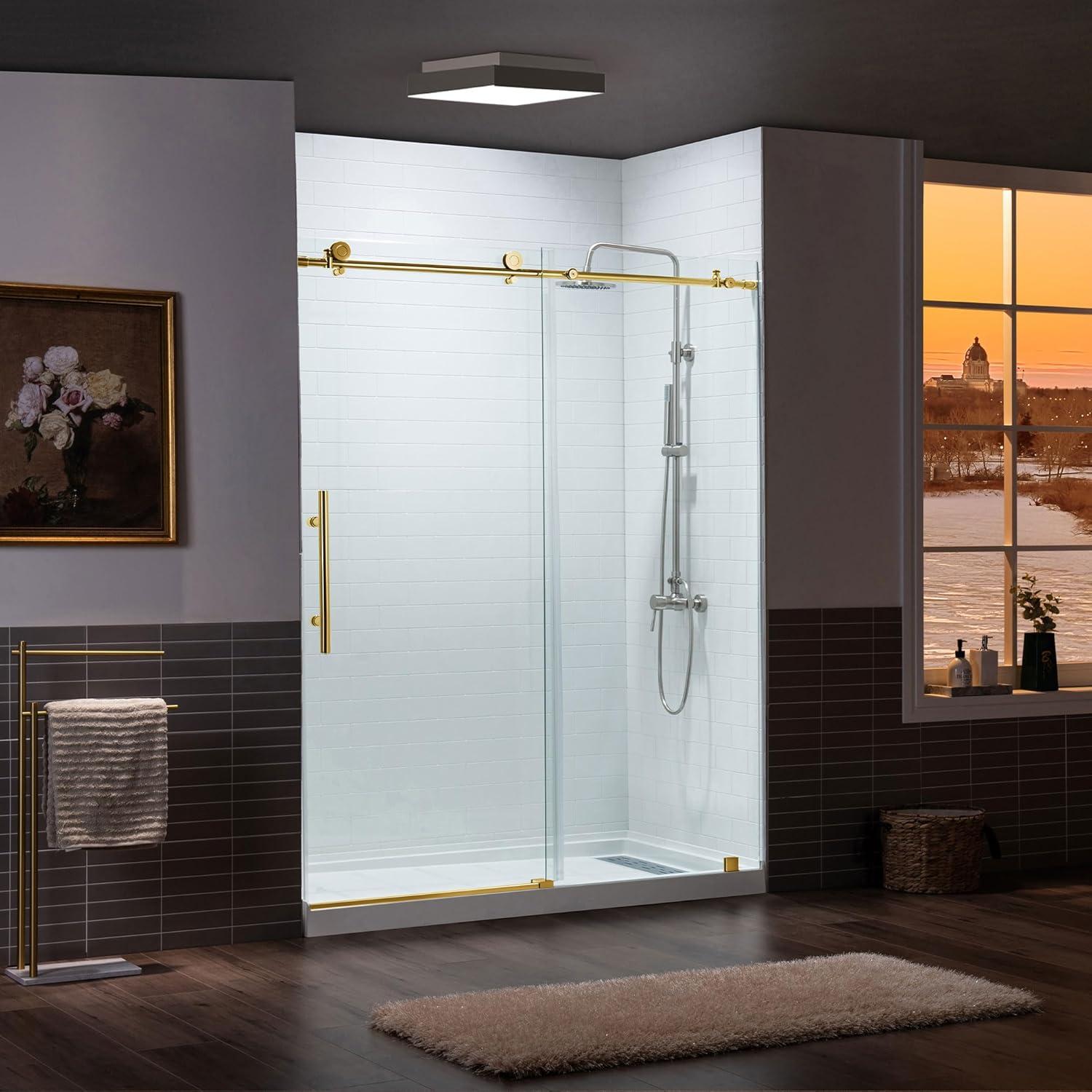 WoodBridge 56"-60" W x 76" H Single Sliding Frameless Shower Door | 3/8" (10mm) Thickened Upgrade Tempered Glass | Stainless Steel Hardware | Safe, Explosion-Resistant, Clear & Stylish, Sturdy & Durable MBSDC6076-BG