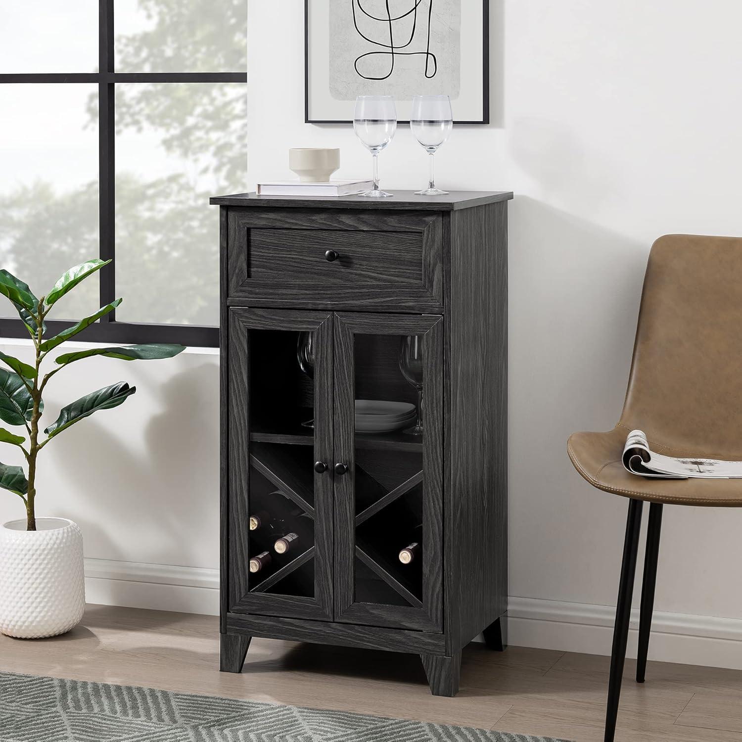 Graphite Glass-Door Bar Cabinet with Drawer and Shelving