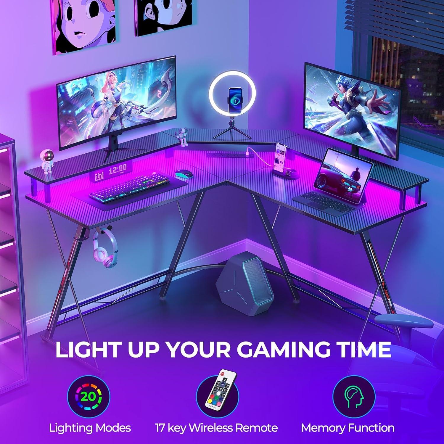 Black L-Shaped Gaming Desk with LED Lights and Monitor Stand