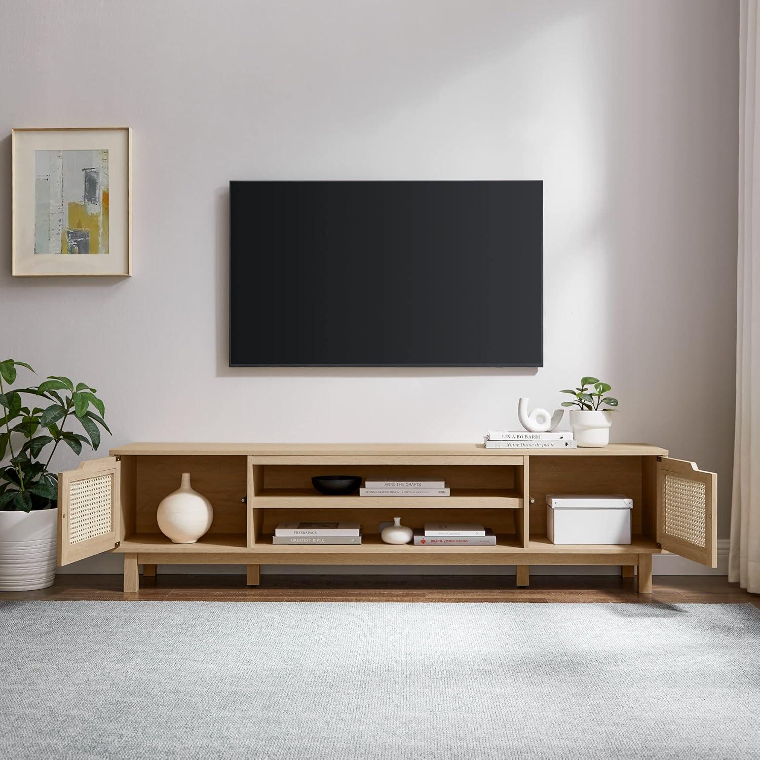 70" Oak Wood TV Stand with Rattan Doors for TVs up to 80 Inches