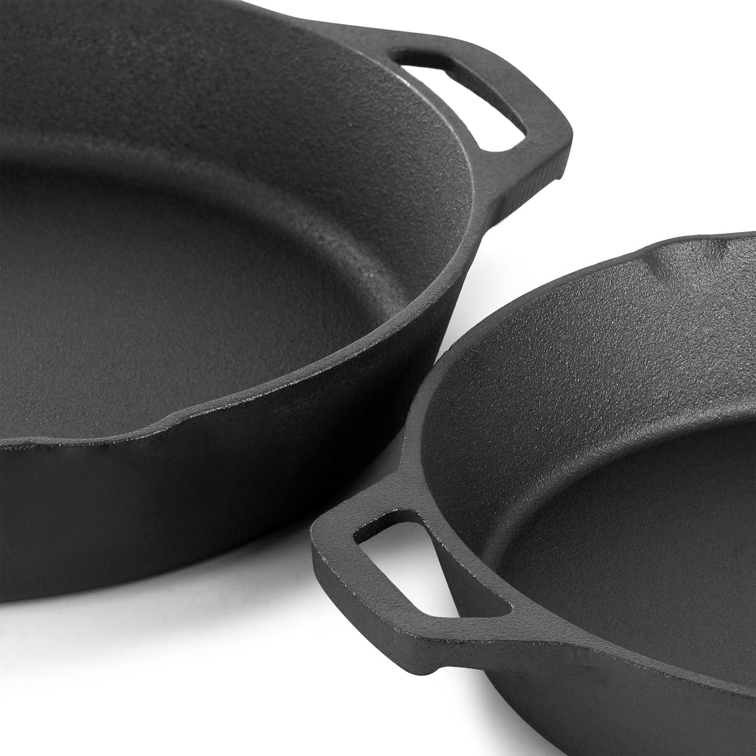 MegaChef 14 Piece Cast Iron Skillet Set with Tempered Glass Lids & Silicone Holders