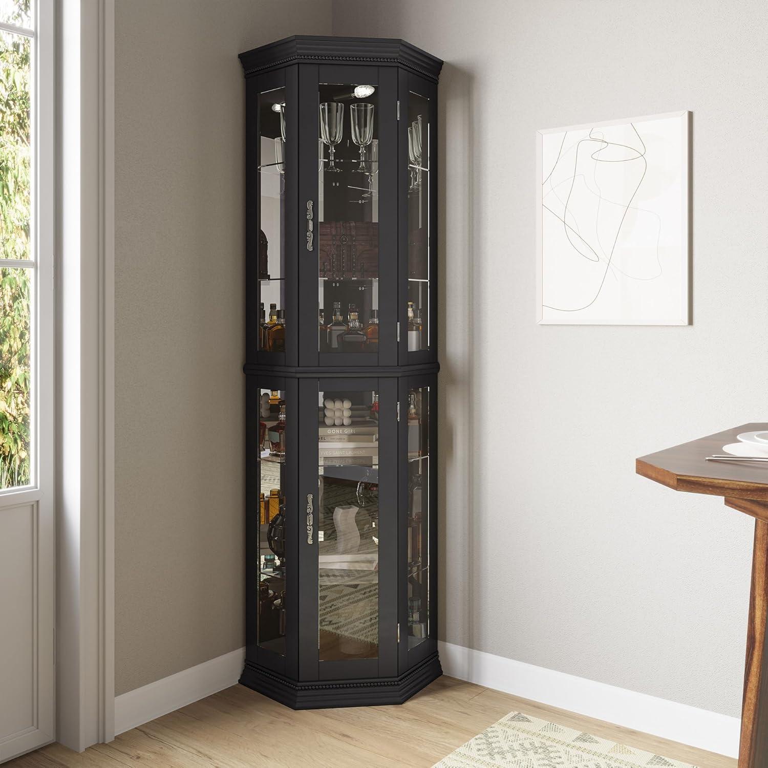 Black Lighted Corner Curio Cabinet with Glass Doors and Shelves