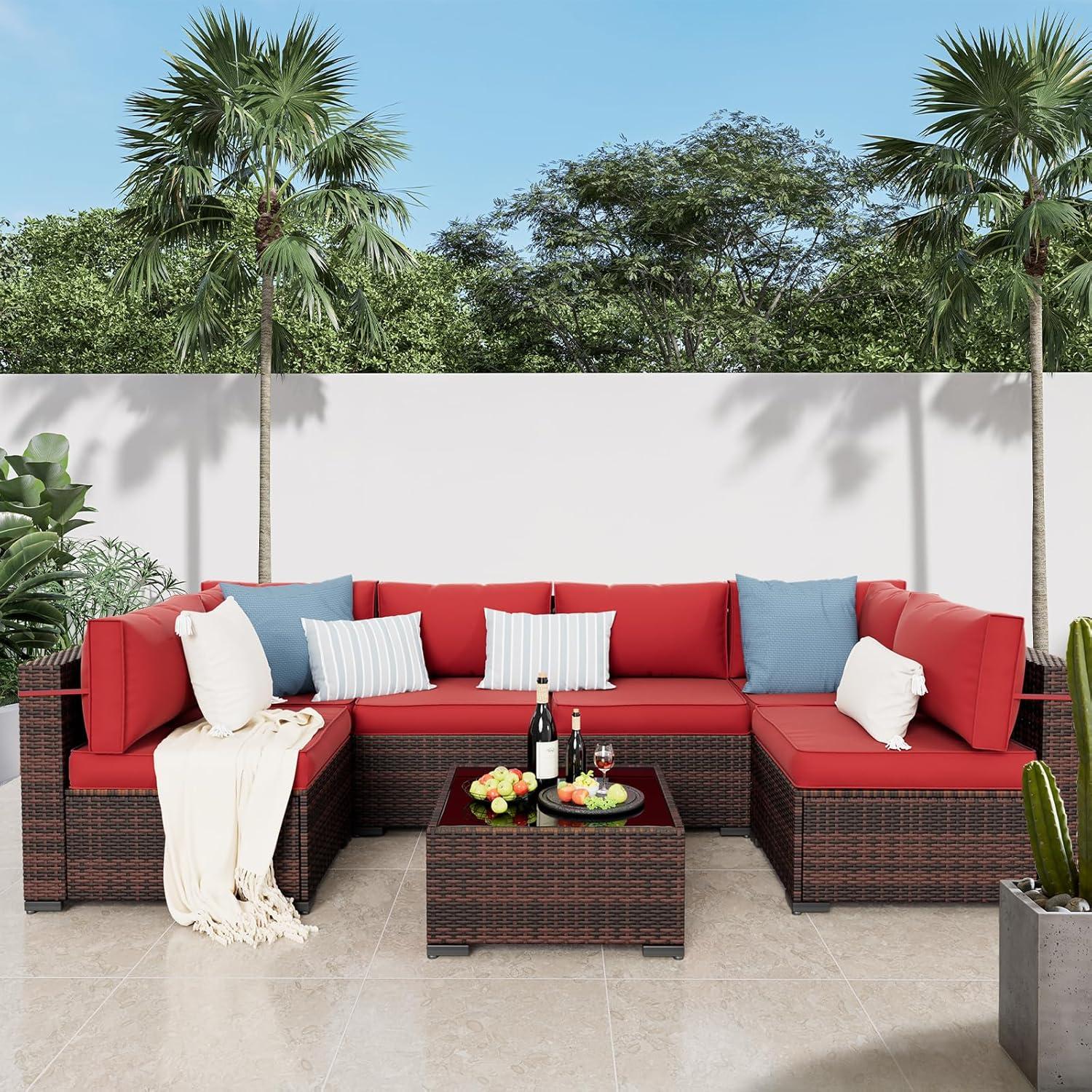 7-Piece Red Cushioned Wicker Patio Sectional Sofa Set with Brown Iron Frame