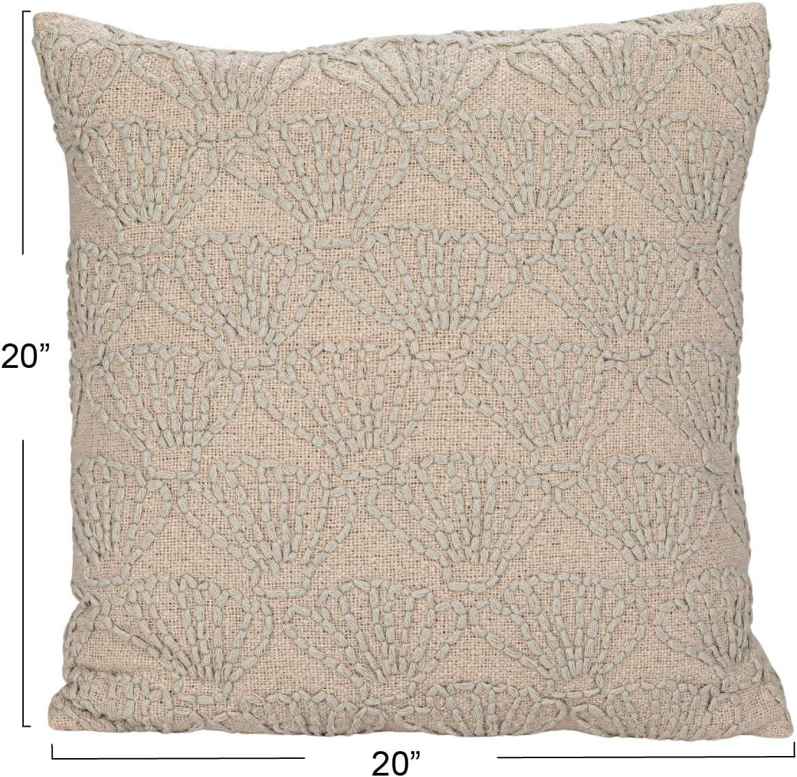 Natural Hand-Embroidered Cotton Linen Seashell Square Pillow