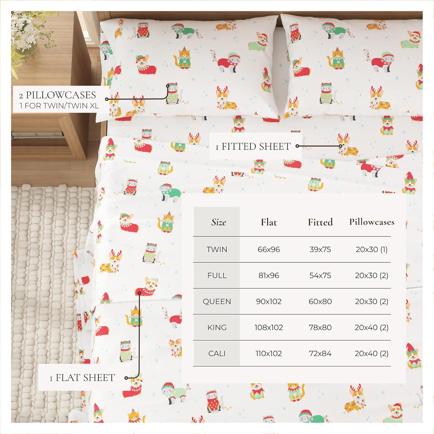 100% Cotton Christmas Flannel Sheets - Great Bay Home (Queen, Dog Cat Christmas)