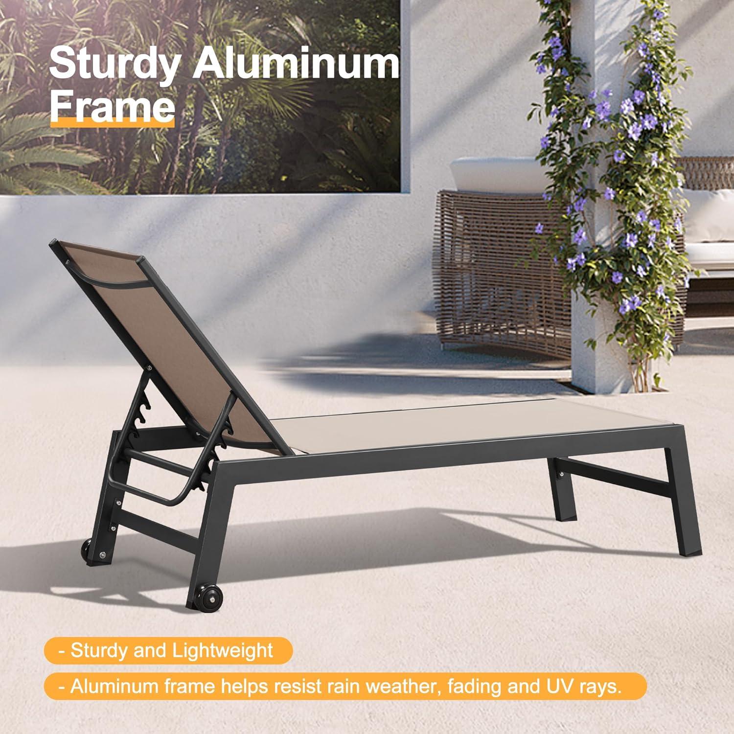 PURPLE LEAF Outdoor Chaise Lounge with Wheels for Outside 2 Pieces Aluminum Patio Lounge Chair with 5 Adjustable Position for Outdoor, Beach, Yard, Pool, Side Table Included, Light Grey