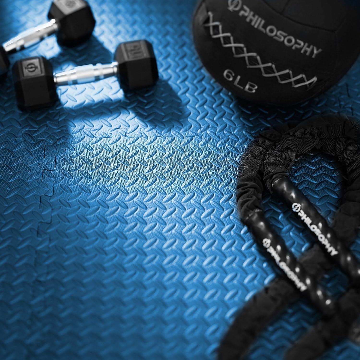 Philosophy Gym Pack of 12 Exercise Flooring Mats - 12 x 12 Inch Foam Rubber Interlocking Puzzle Floor Tiles - Blue