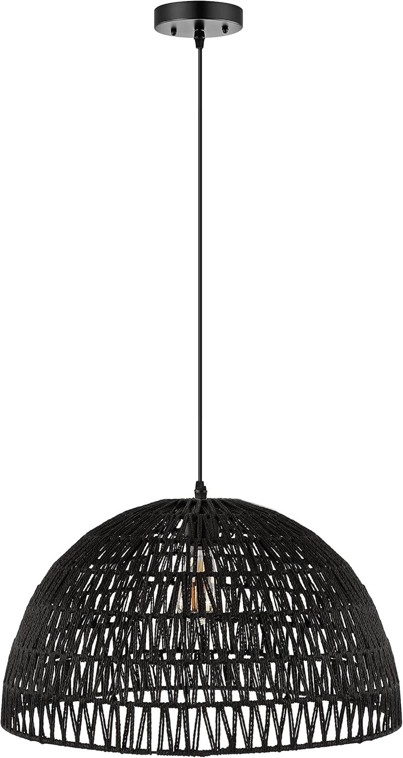 Bohemian Black Woven Rattan & Iron LED Dome Pendant 20"