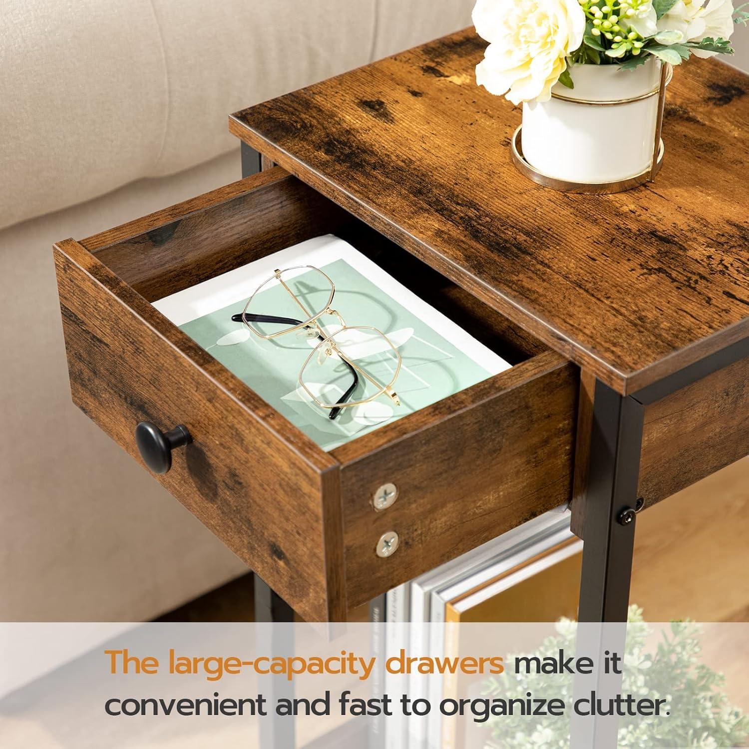 Rustic Brown and Black Metal End Table with Drawer and Shelf