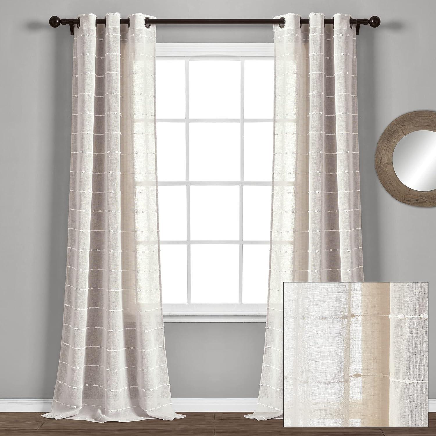 Set of 2 (95"x38") Farmhouse Textured Grommet Sheer Window Curtain Panels Beige - Lush Décor: Polyester Microfiber