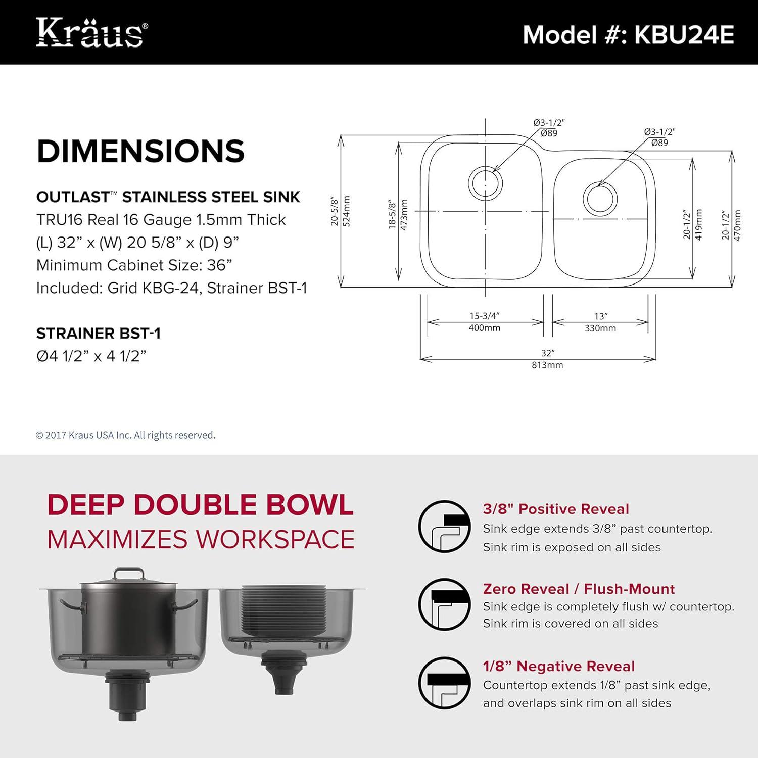 KRAUS Outlast MicroShield™ Scratch-Resist Stainless Steel Undermount 60/40 Double Bowl Sink, 32" L 16 Gauge