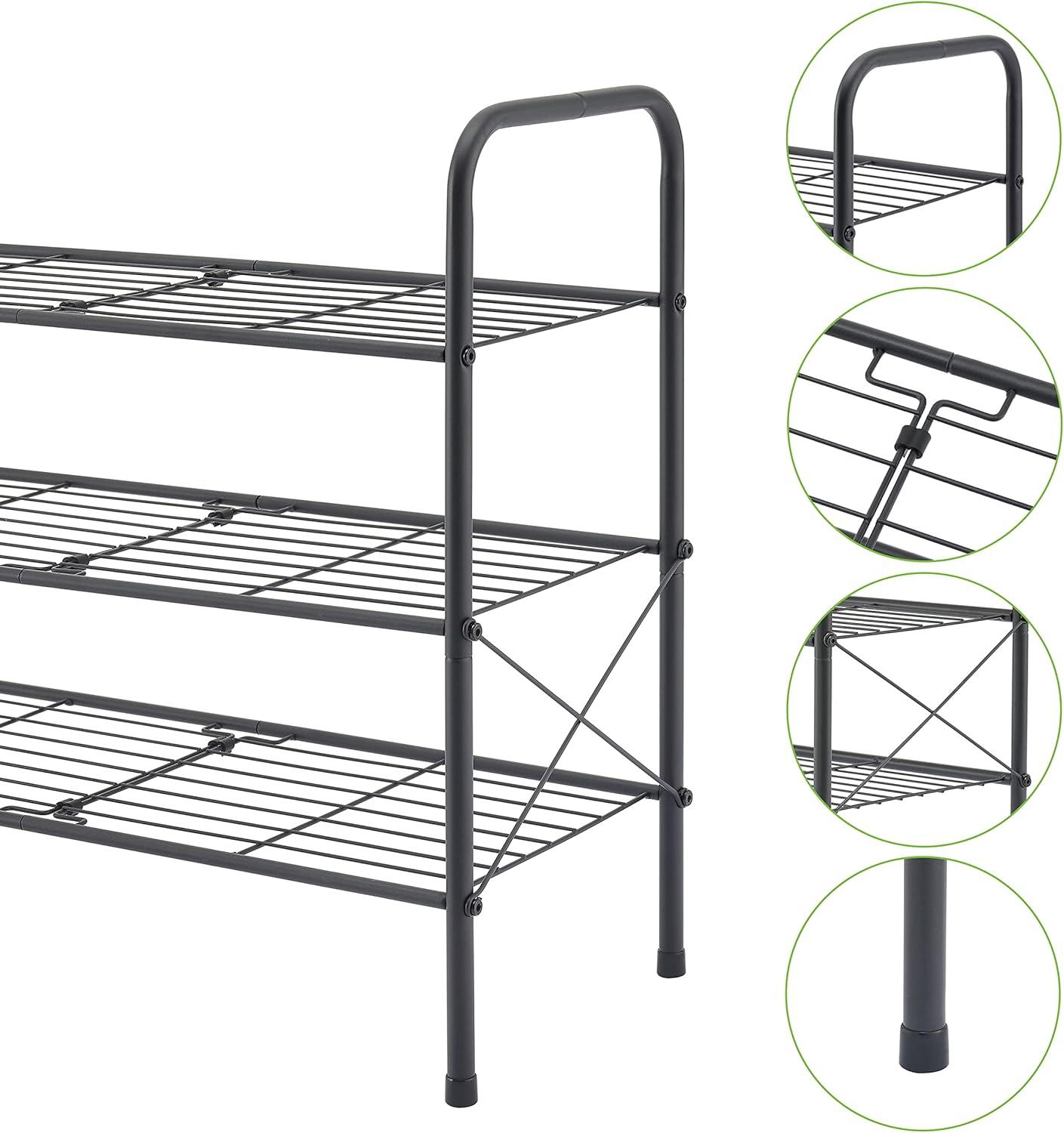 YASONIC Shoe Rack Storage Organizer, 3-Tier Black Shoe Shelf, 24 Pairs, Iron Poles & Plastic Connectors