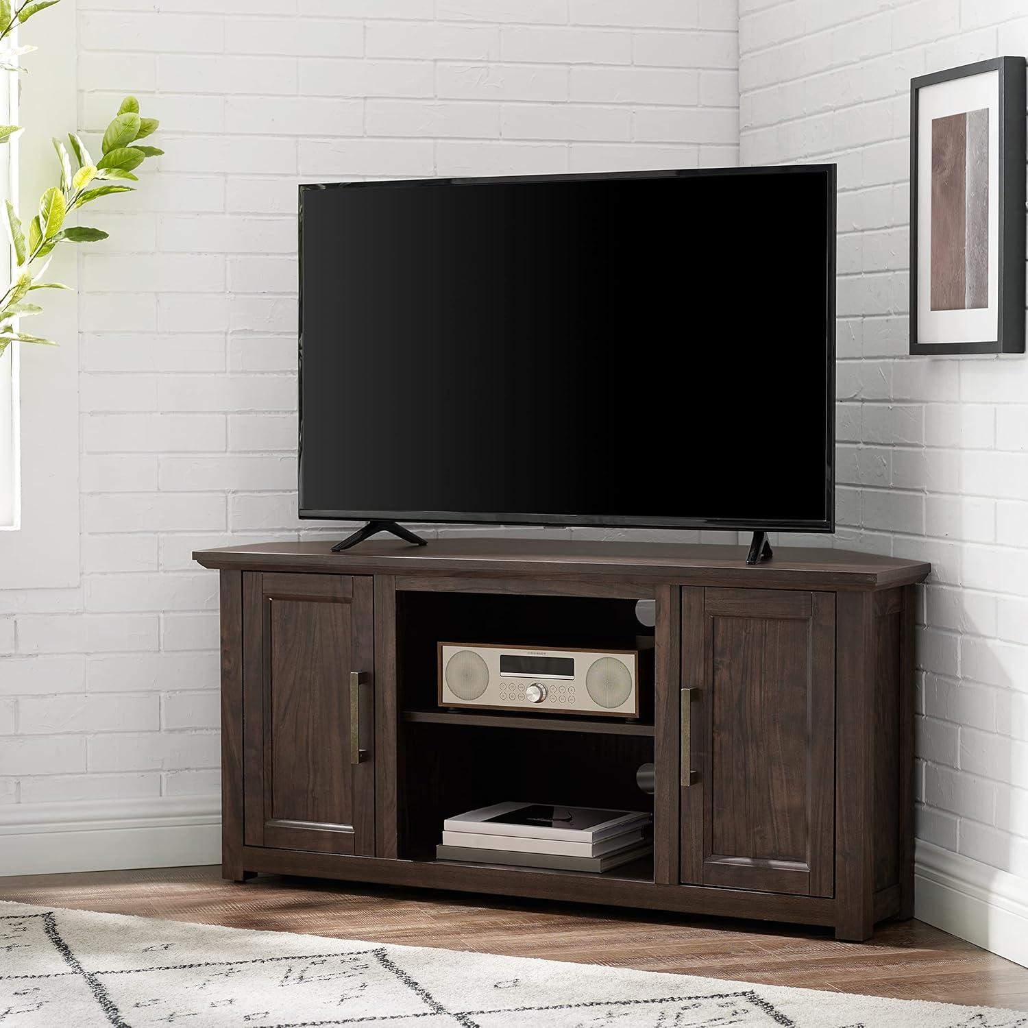 Rustic Dark Walnut Corner TV Stand with Cabinets