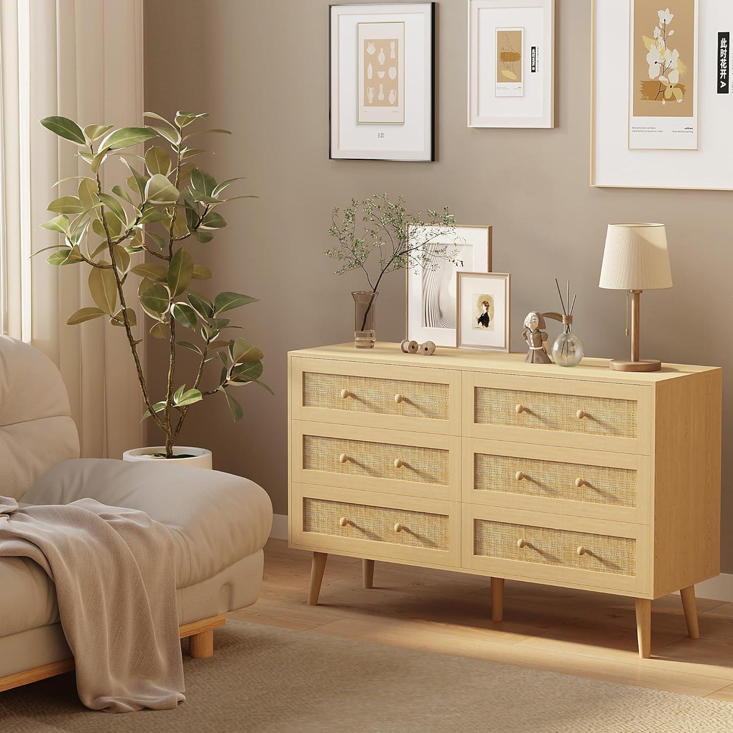 Natural Rattan and Wood Double Dresser with Six Drawers