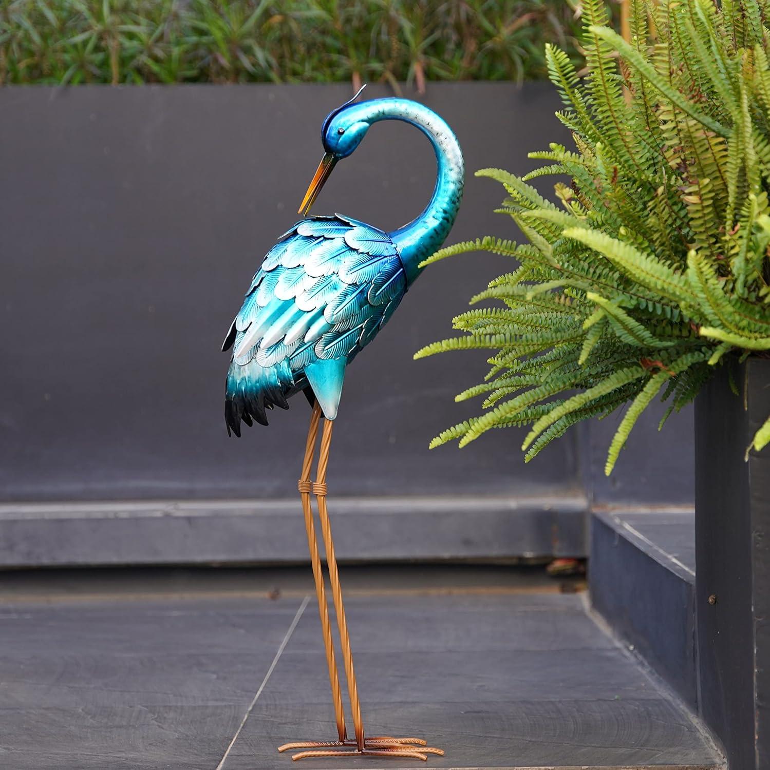 Chisheen Crane Garden Statues, Metal Garden Crane Outdoor, Blue Heron Sculpture Metal Yard Art, Large Garden Heron Decoy, Bird Statues, Lawn Ornaments for Backyard Pond Patio Porch Outside