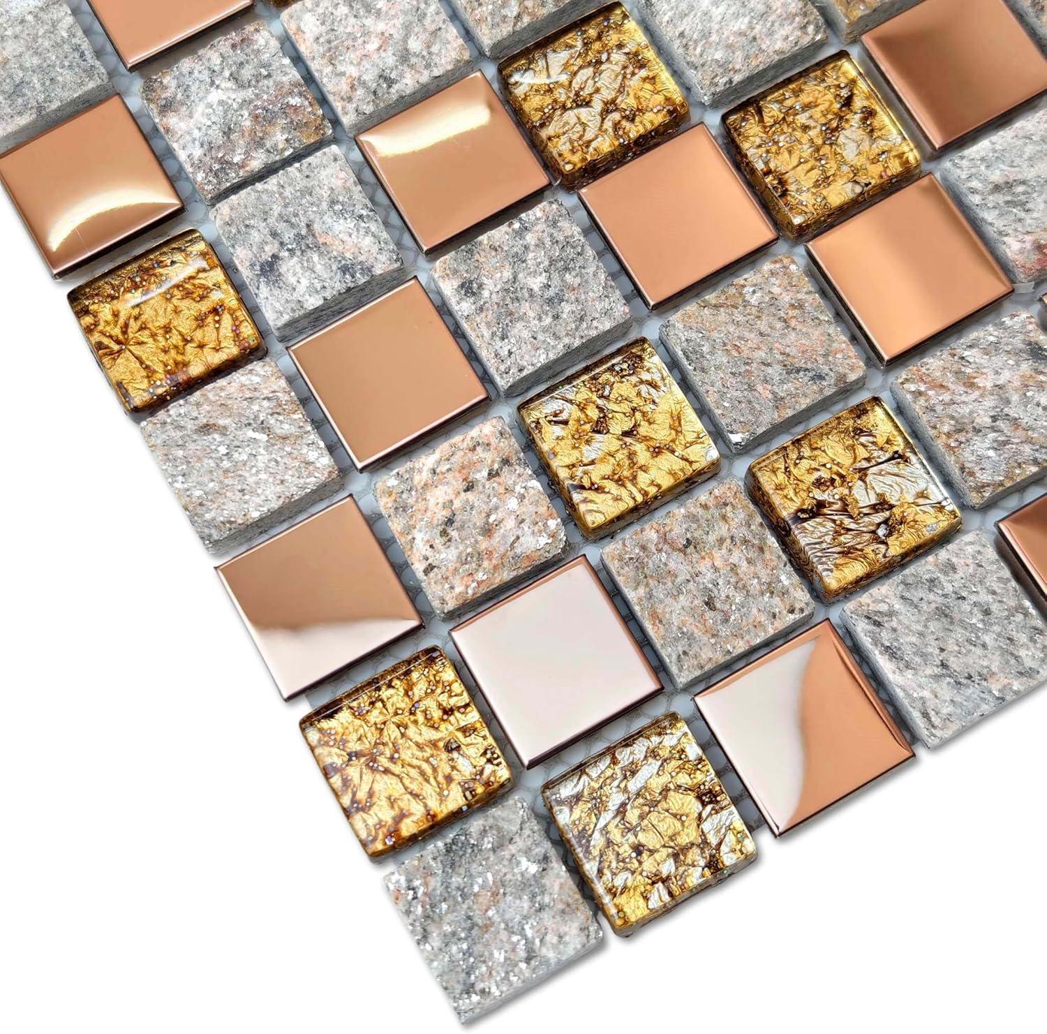 Luxury Glass Stone Tile Rose Gold Glitter Metal Mosaic Accent Backsplash Tiles in Kitchen Bathroom Walls and Fireplace Decor (5 Square Feet)
