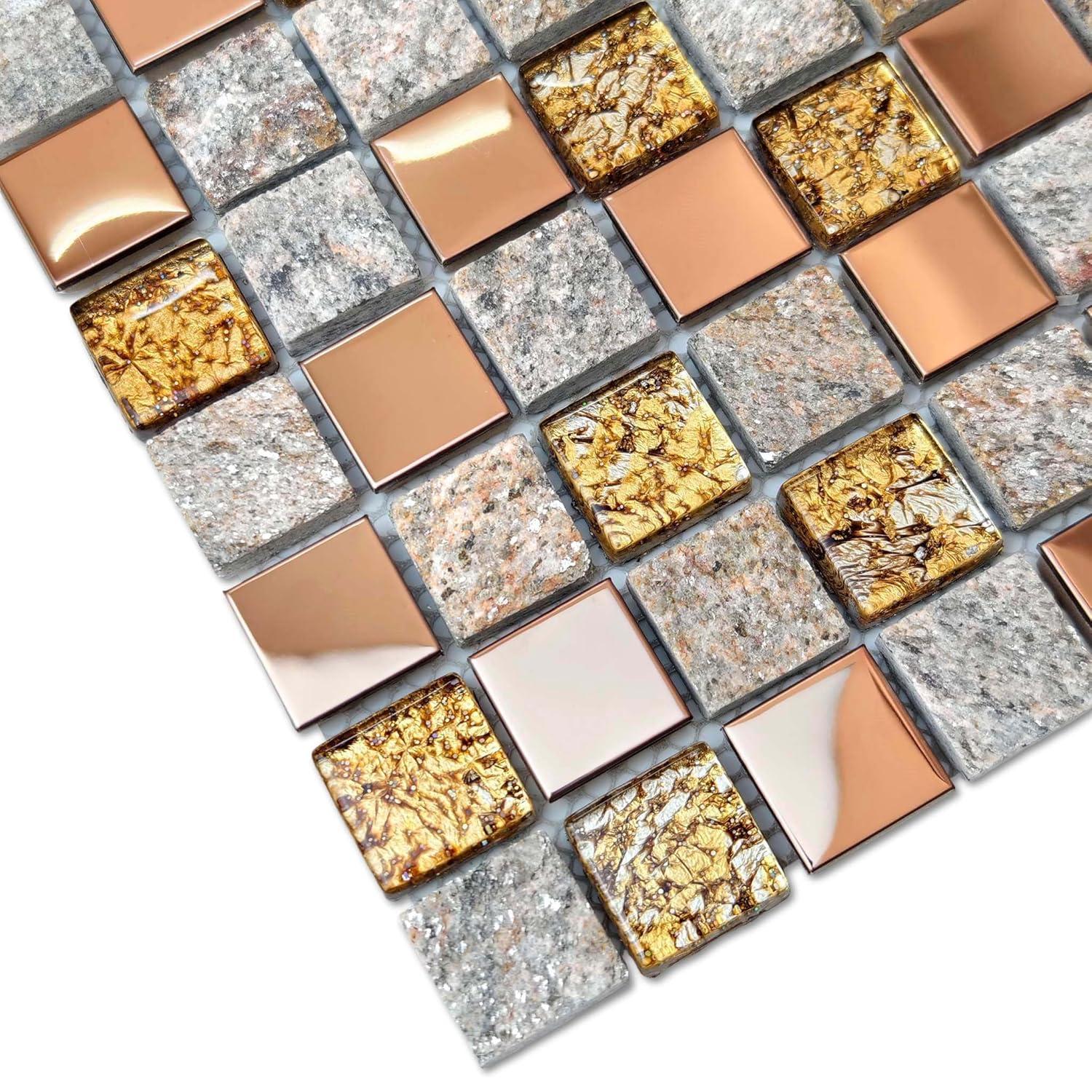 Luxury Glass Stone Tile Rose Gold Glitter Metal Mosaic Accent Backsplash Tiles in Kitchen Bathroom Walls and Fireplace Decor (5 Square Feet)