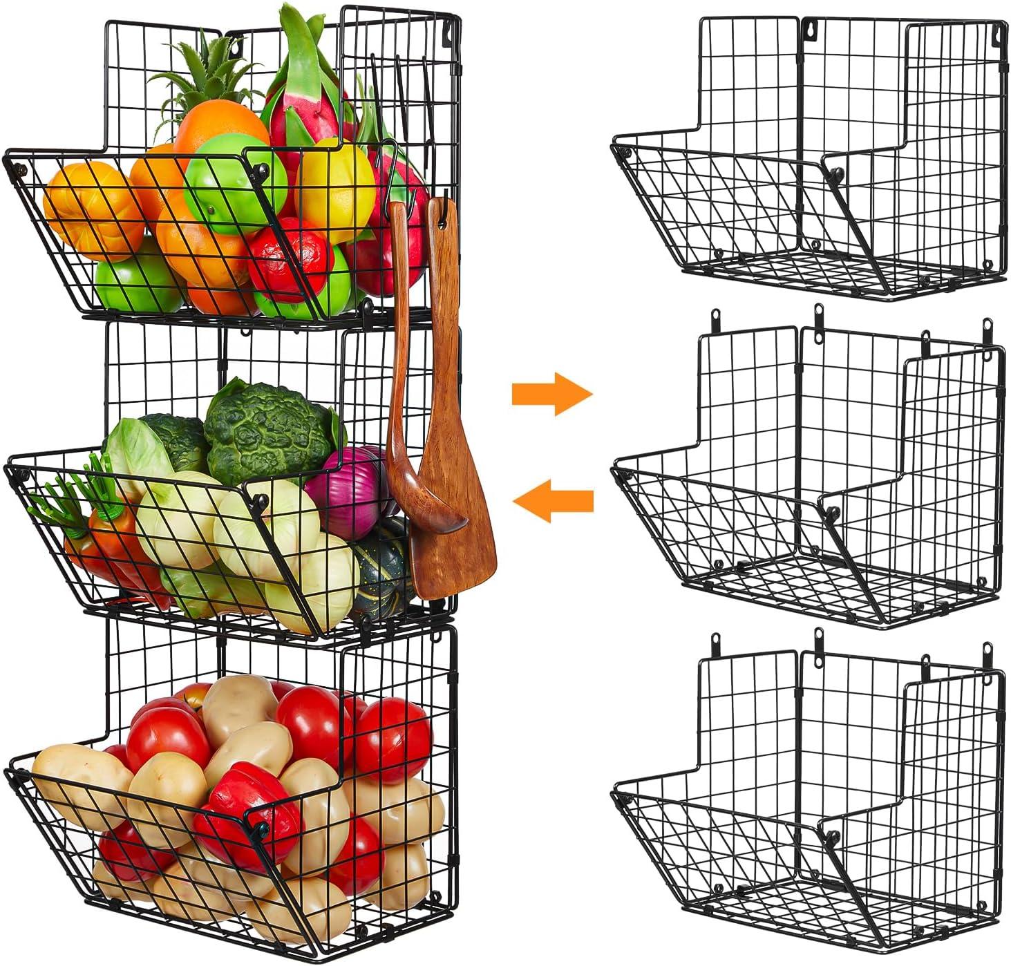 VOMGEB1 3-Tier Wall-Mounted Metal Wire Basket Organizer with 5 S Hooks