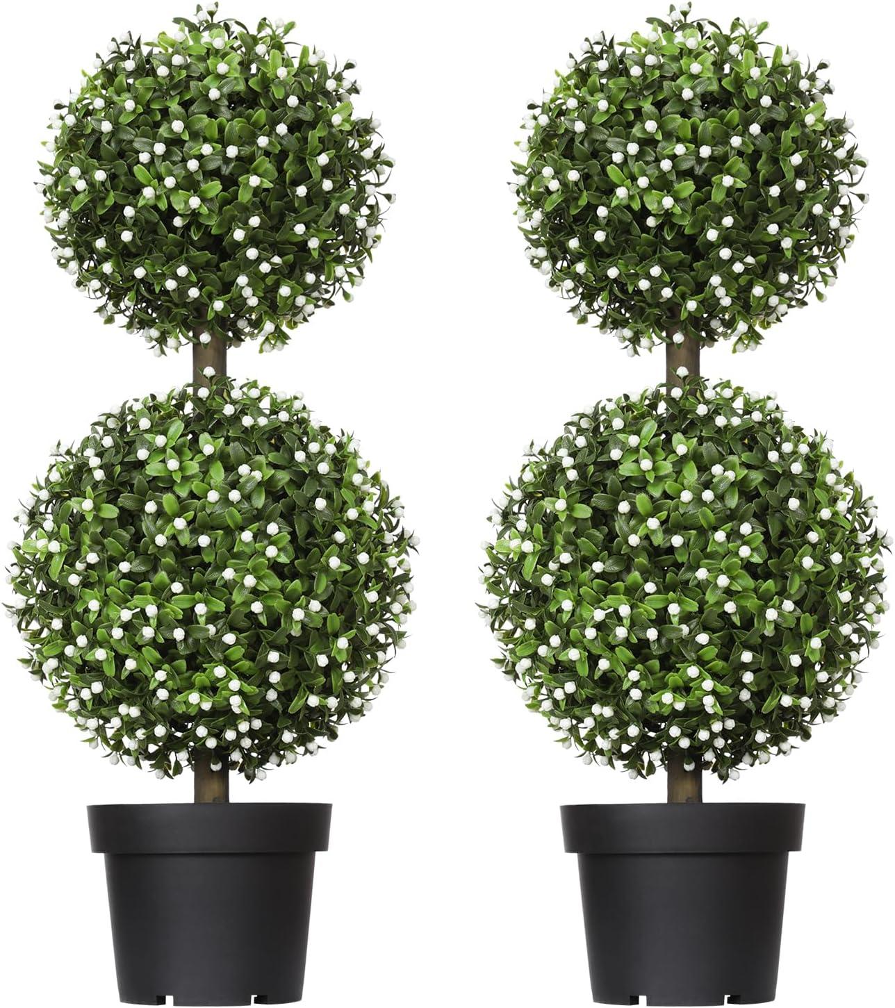 HOMCOM 2 Pack 23.5" Artificial Boxwood Topiary Ball Trees Set of 2, Double Ball-Shaped Boxwood Artificial Topiary Plants for Indoor Outdoor, Green