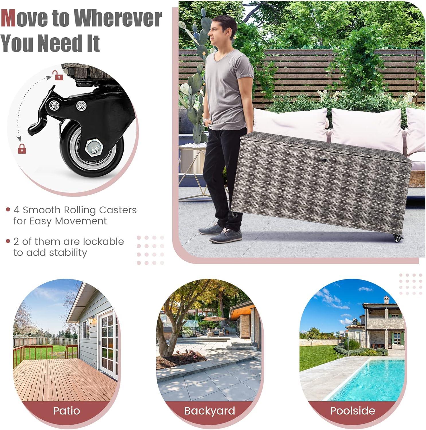 Costway 96 Gallon Patio Rattan Storage Deck Box Container Garden Liner Wheels Mix Grey