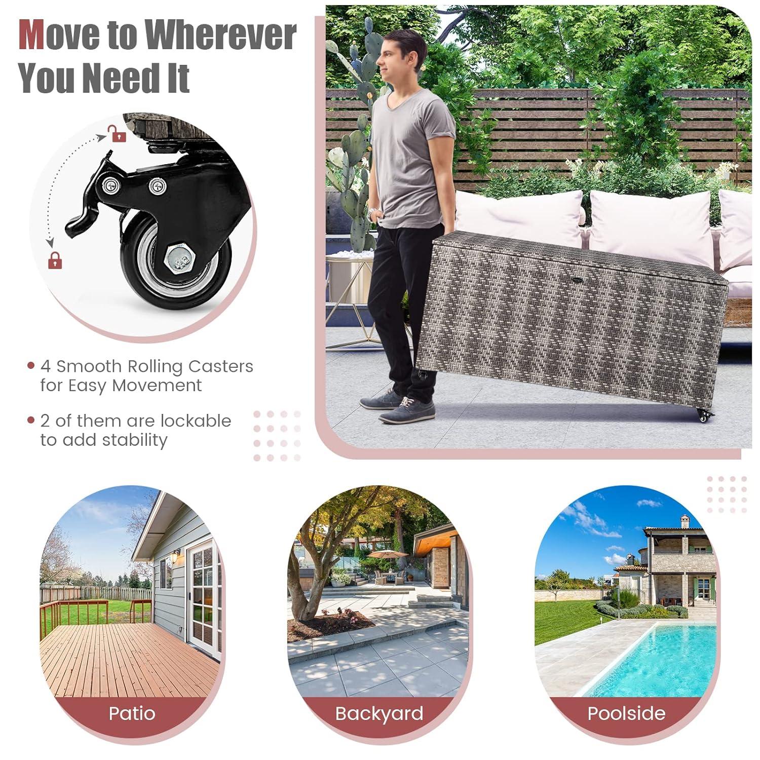 Costway 96 Gallon Patio Rattan Storage Deck Box Container Garden Liner Wheels Mix Grey