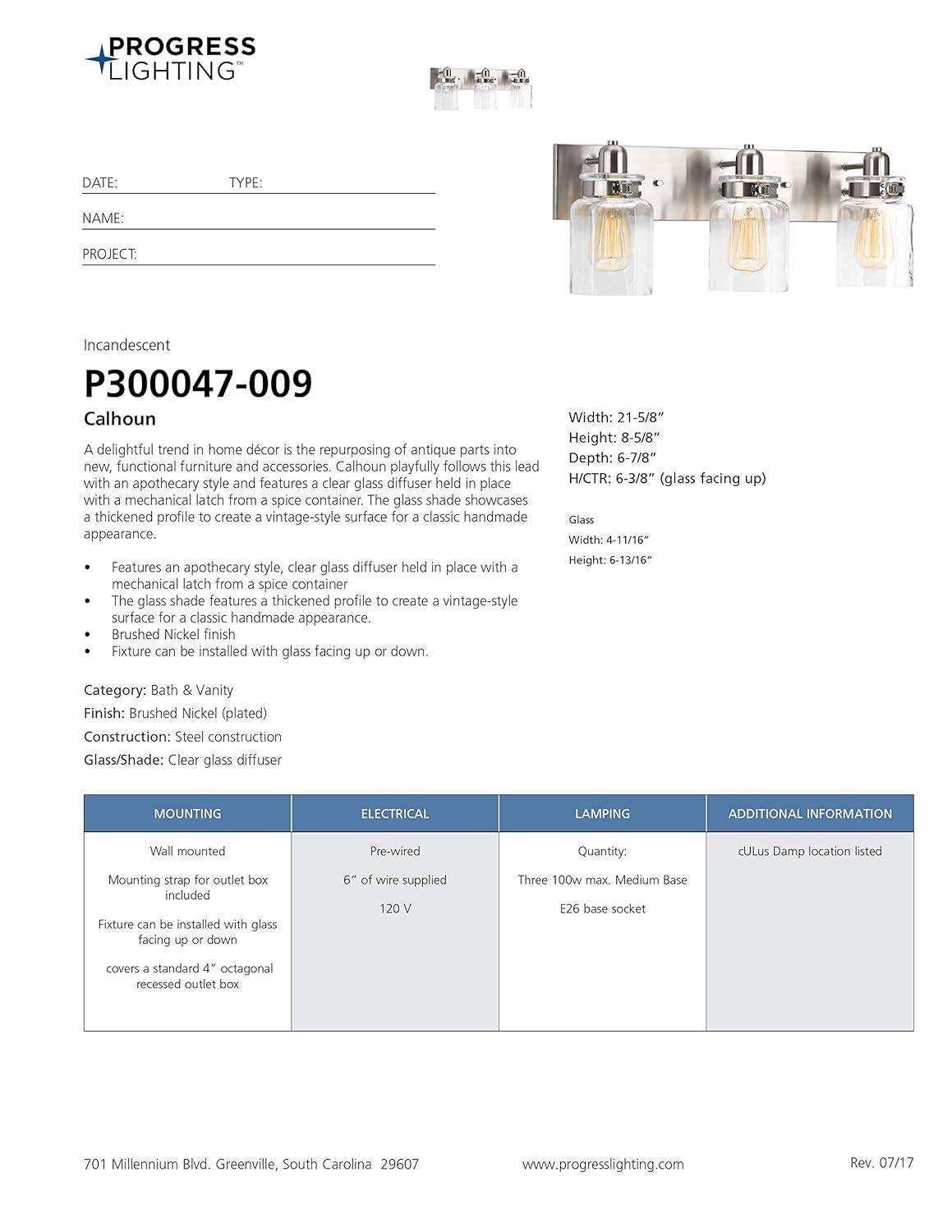 Progress Lighting Calhoun Collection 3-Light Bath & Vanity Wall Light, Brushed Nickel, Clear Glass Shade