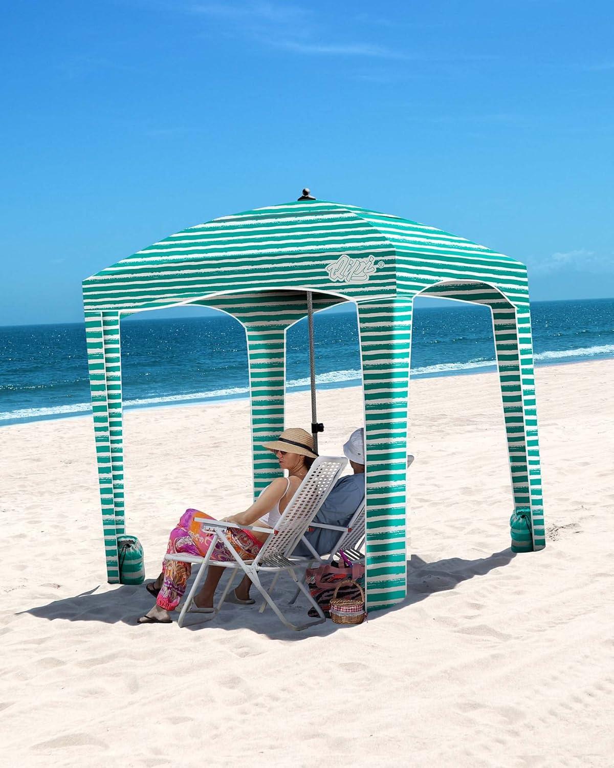 Portable Green and White Striped Beach Cabana with Metal Frame