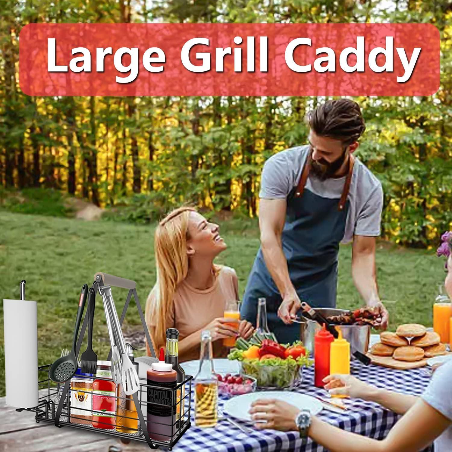 Picnic Caddy BBQ Utensil Caddy for Outdoor Grill Camping for Plate Cutlery CompartmentStorage with 3 Hooks Kitchenn Barbecue Accessories RV Patio Tailgate EssentialsEasy Carry Grilling Gifts for Men