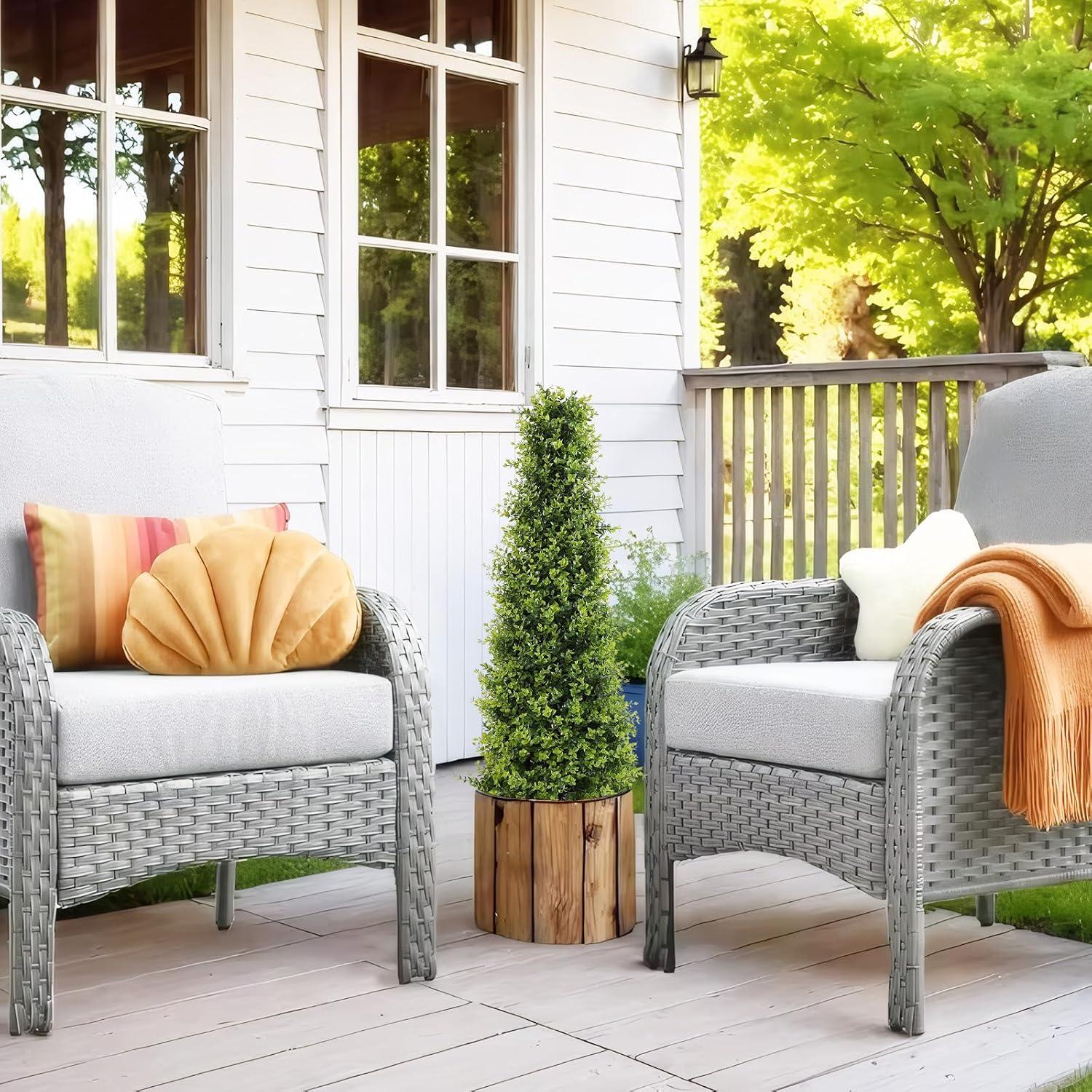 4ft Artificial Boxwood Topiary Trees, Set of 2 – UV Resistant Faux Evergreen Shrubs and Bushes for Outdoor Planters, Realistic Fake Plants for Front Porch Outside Patio Yard, 4 Foot Tall