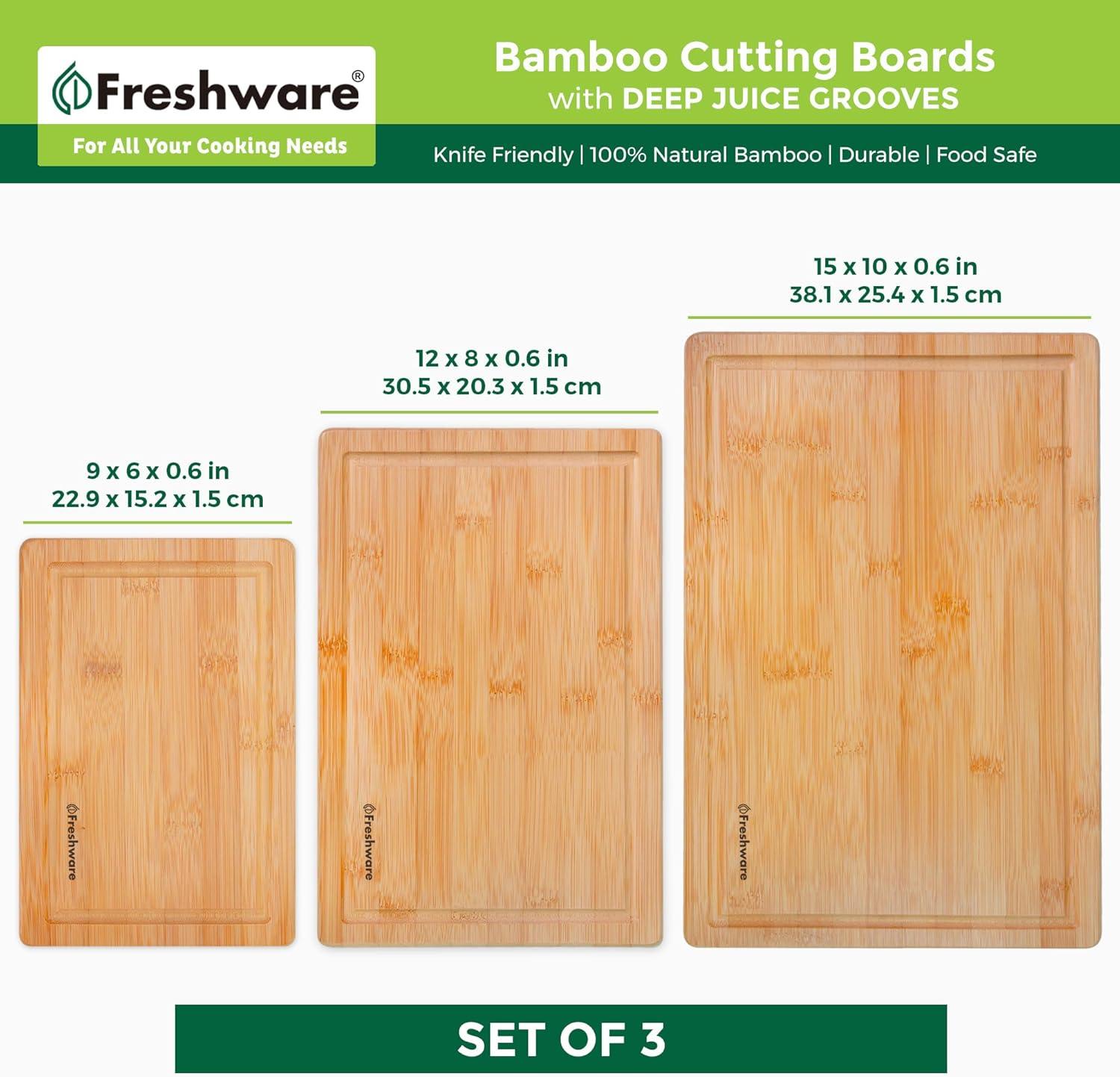 Bamboo Cutting Boards for Kitchen [Set of 3] Wood Cutting Board for Chopping Meat, Vegetables, Fruits, Cheese, Knife Friendly Serving Tray with Handles