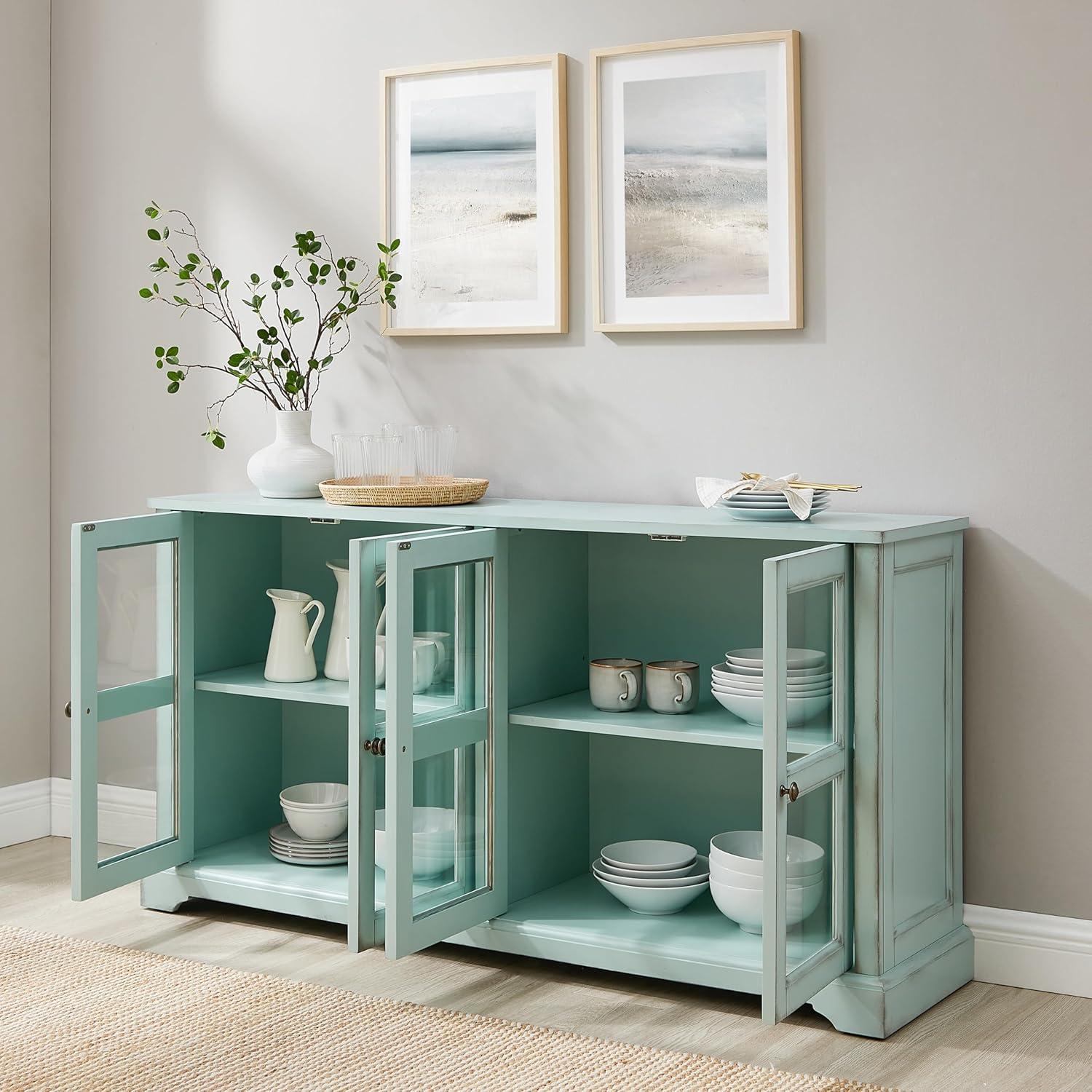 Holbrook Distressed Seafoam Blue Glass Door Sideboard Cabinet